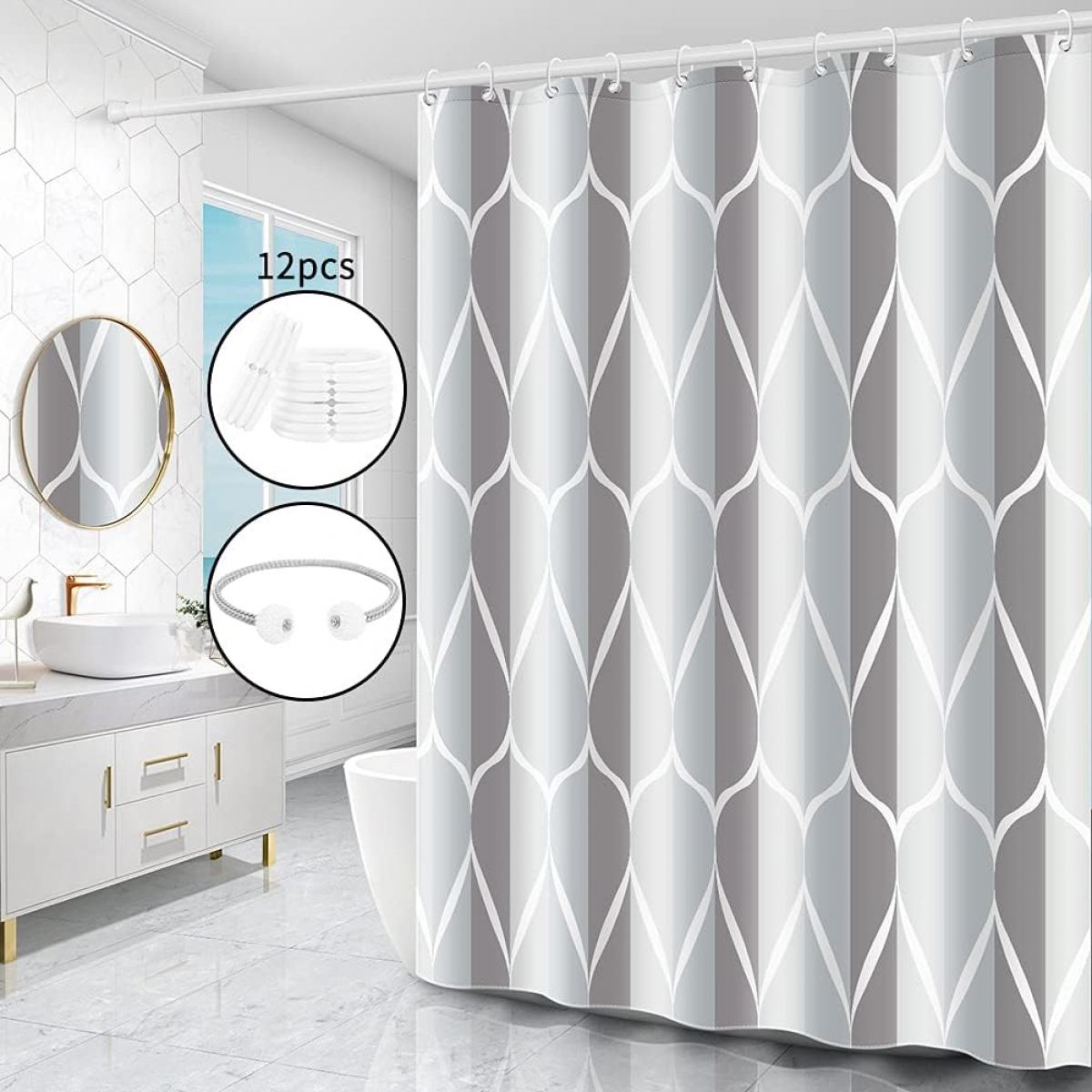 Cortina de ducha, lavable, antibacteriana, antimoho, impermeable, de poliéster con 12 anillas (gris, an. 240 x al. 200 cm)