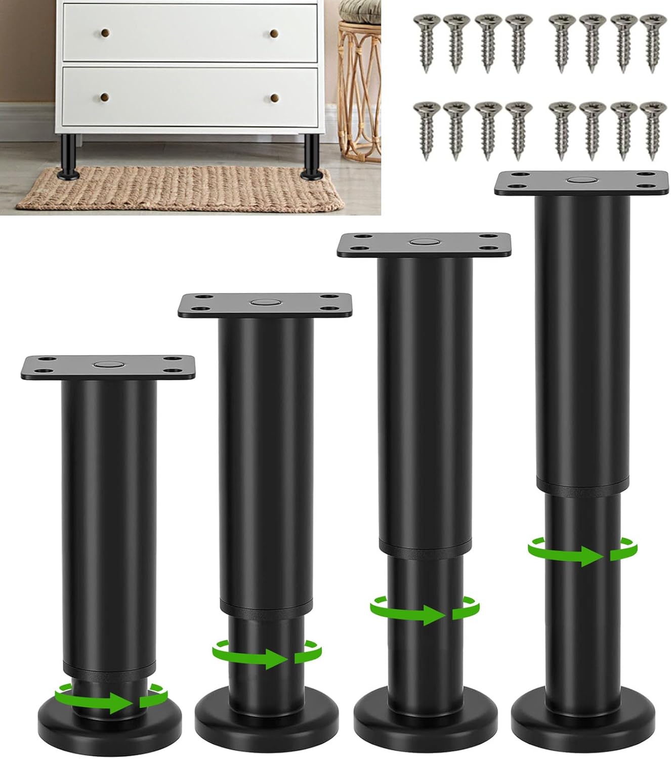 4 picioare metalice reglabile 12-18 cm negre, susține mobilă, dulap, masă, canapea, pat, șezlong și toaletă