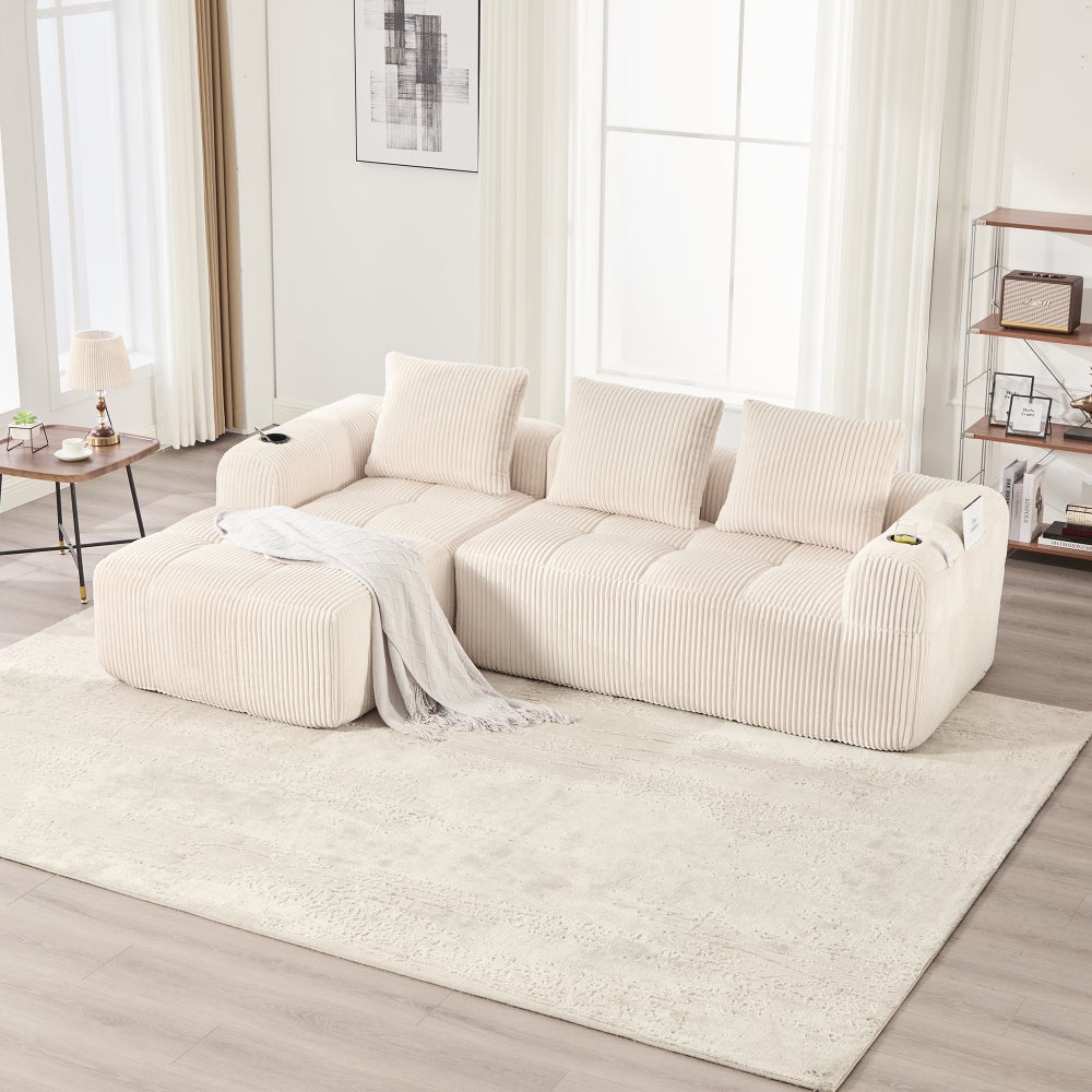 Kompaktowa modułowa sofa z kordu z kieszenią boczną i uchwytem na kubek, beżowa