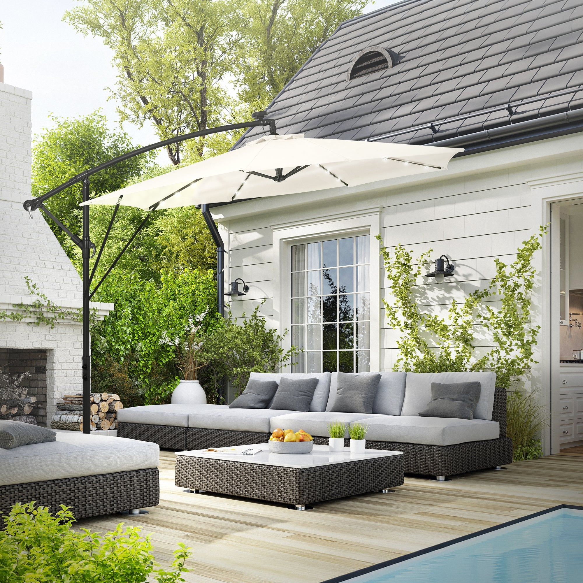 Parasol déporté avec LED intégré Ø 300 cm beige en aluminium à manivelle protection UV50+ imperméable meuble jardin inclinable et pivotant 360° - 7
