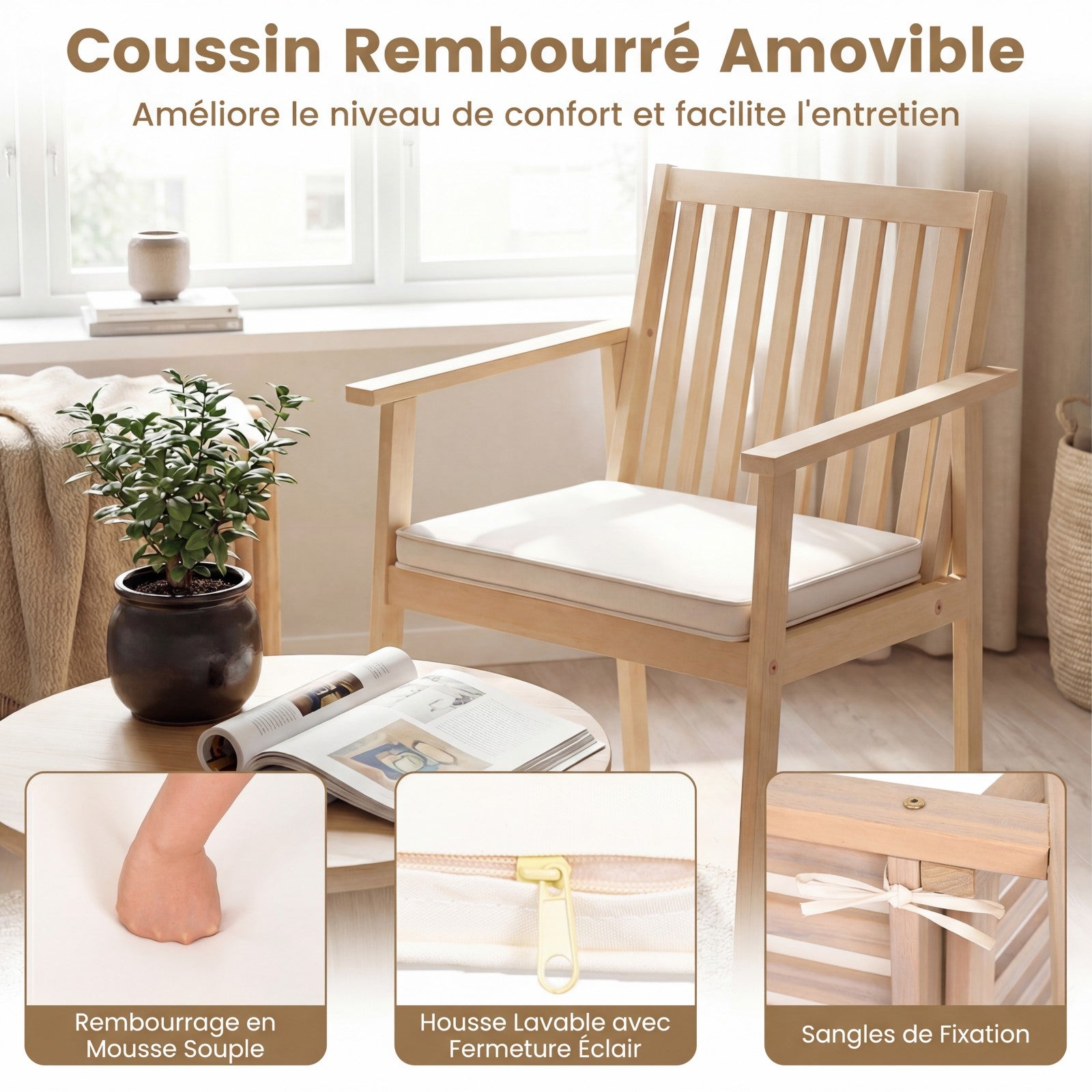 2 Chaises de Jardin, Chaises d'Extérieur en Bois d'Acacia avec Coussin Rembourré Amovible, Accoudoirs, Charge 180 kg, Mobilier de Bistrot, Beige - 2