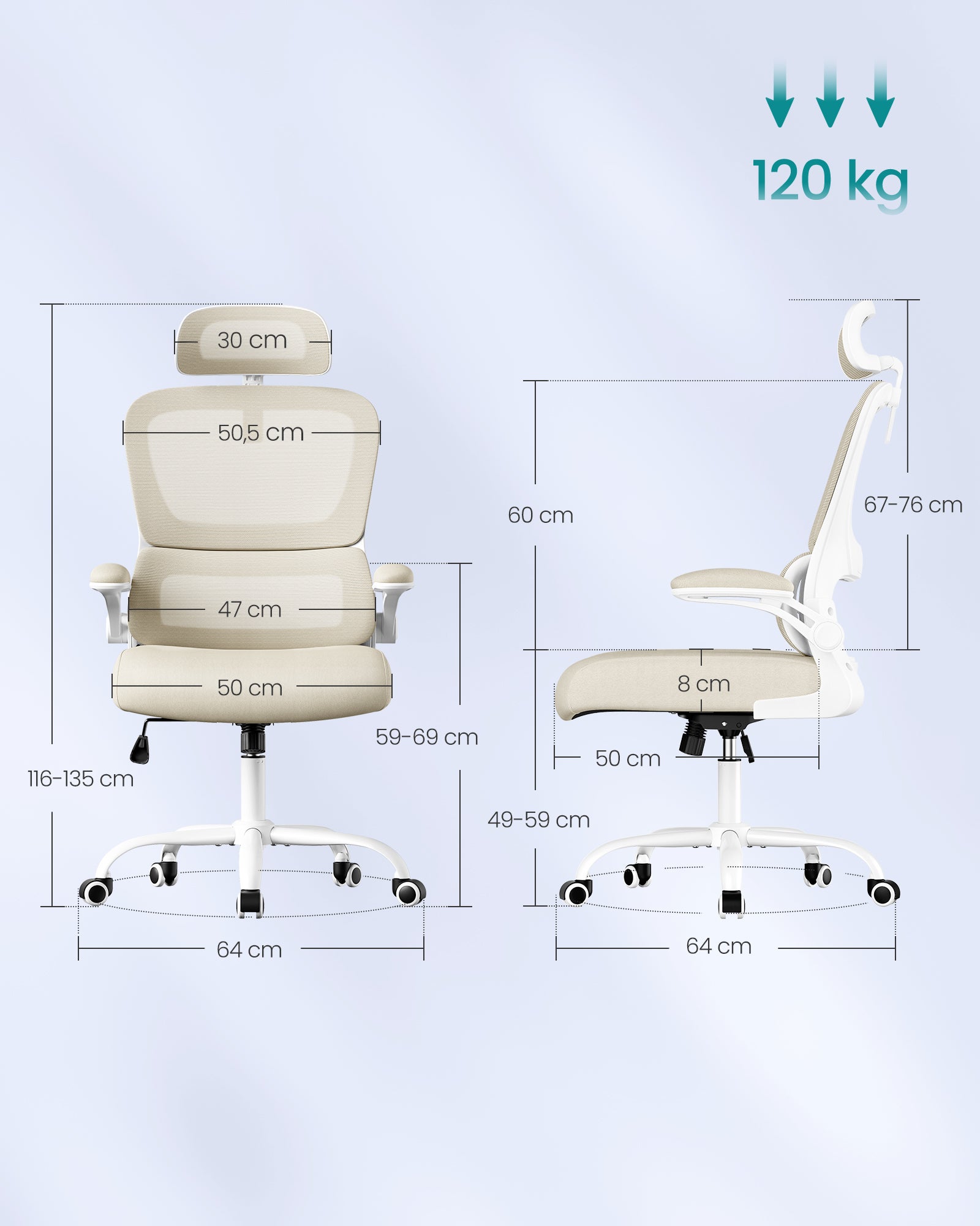 Fauteuil de Bureau, avec Tissu en Maille Double Couche, Accoudoirs Rabattables, Soutien Lombaire et Appui-Tête Réglables, Beige Sable - 5