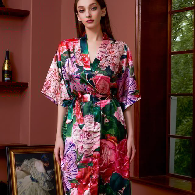 Peignoir femme, peignoir en soie glacée imprimé, taille unique