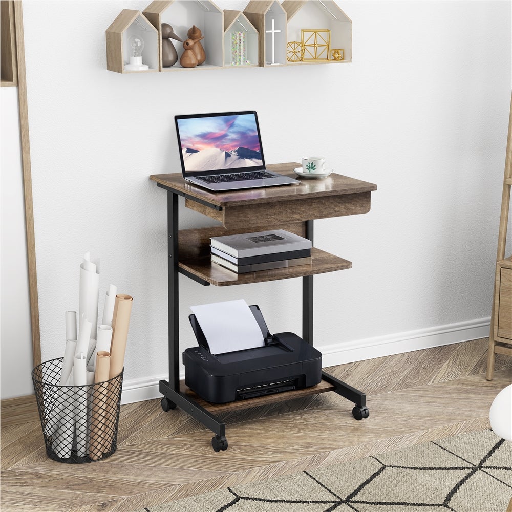 Bureau d'ordinateur Portable en Métal avec Roulettes et Tiroir Étagères de Rangement, Taupe Yaheetech - 2