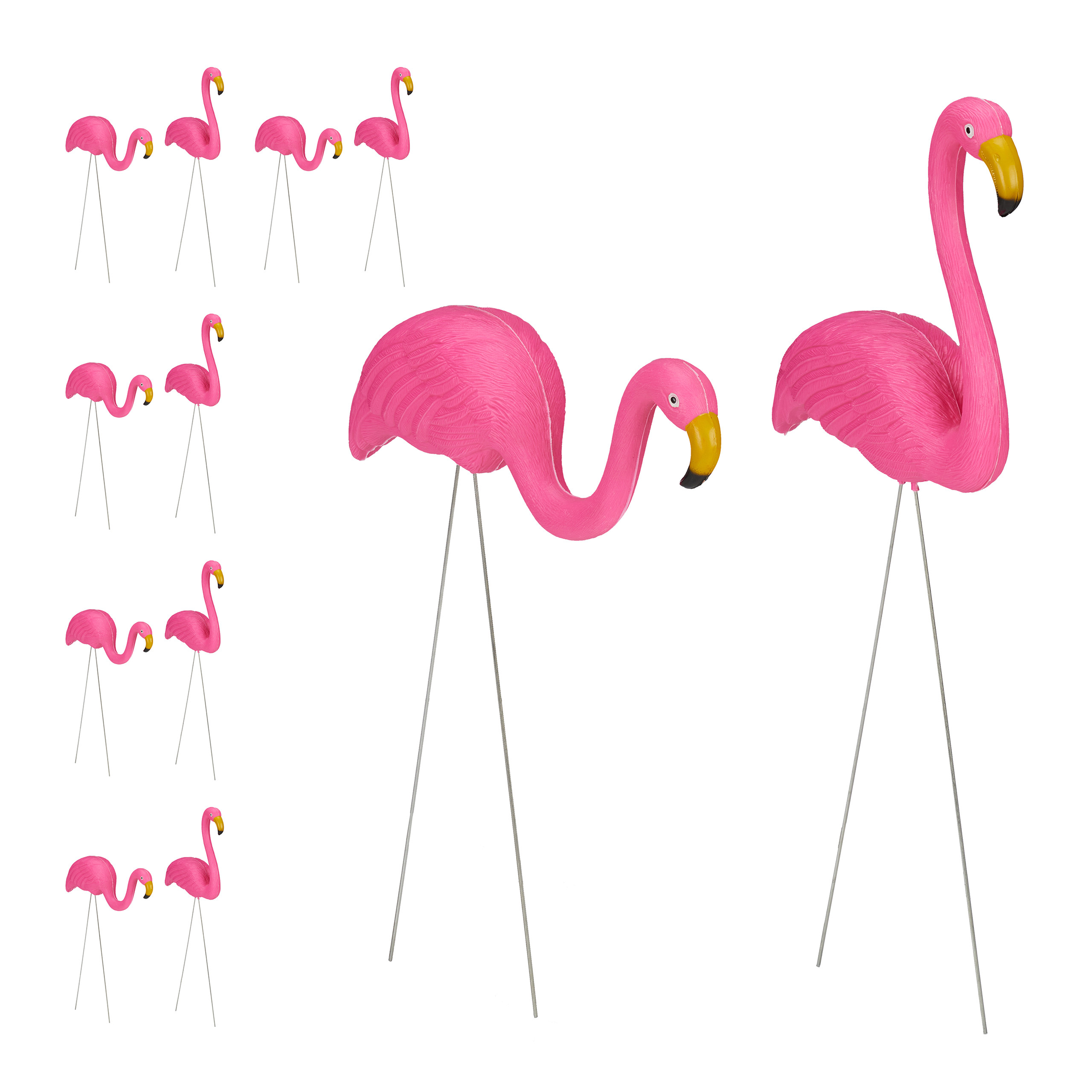 12 flamencos para jardín, mona decoración de exterior, toque tropical, figuras plástico estanque, metal, 2 tamaños, rosa