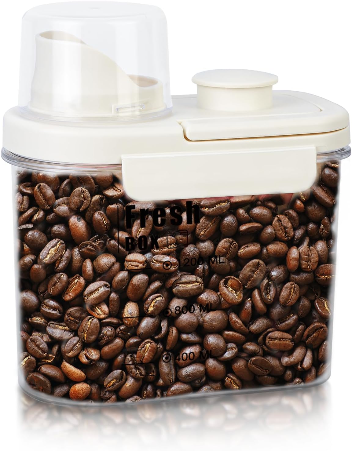 sztuka 18,5*10,5*24 cm, hermetycznego pojemnika kuchennego z kremowo-białego plastiku z pokrywką do przechowywania zbóż i mąki.