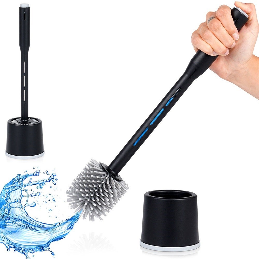 Brosse WC en silicone avec support et distributeur de liquide  noire  40  cm | Leroy Merlin