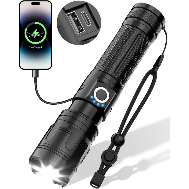 Super mocna latarka LED, taktyczna latarka USB z 5 trybami, wodoodporna IPX5 do awaryjnego biwakowania (z akumulatorem)