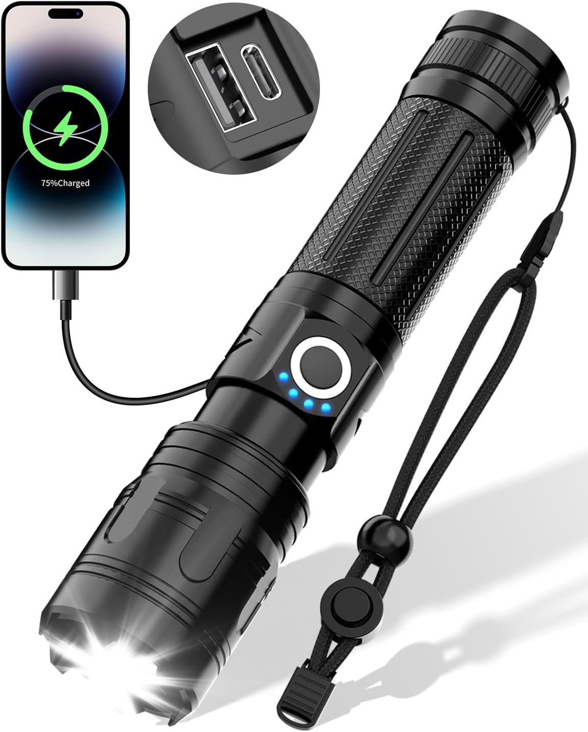 Ultramocna latarka LED, taktyczna latarka USB z 5 trybami pracy, wodoodporna (IPX5) do użytku w nagłych wypadkach na kempingu (z akumulatorem)