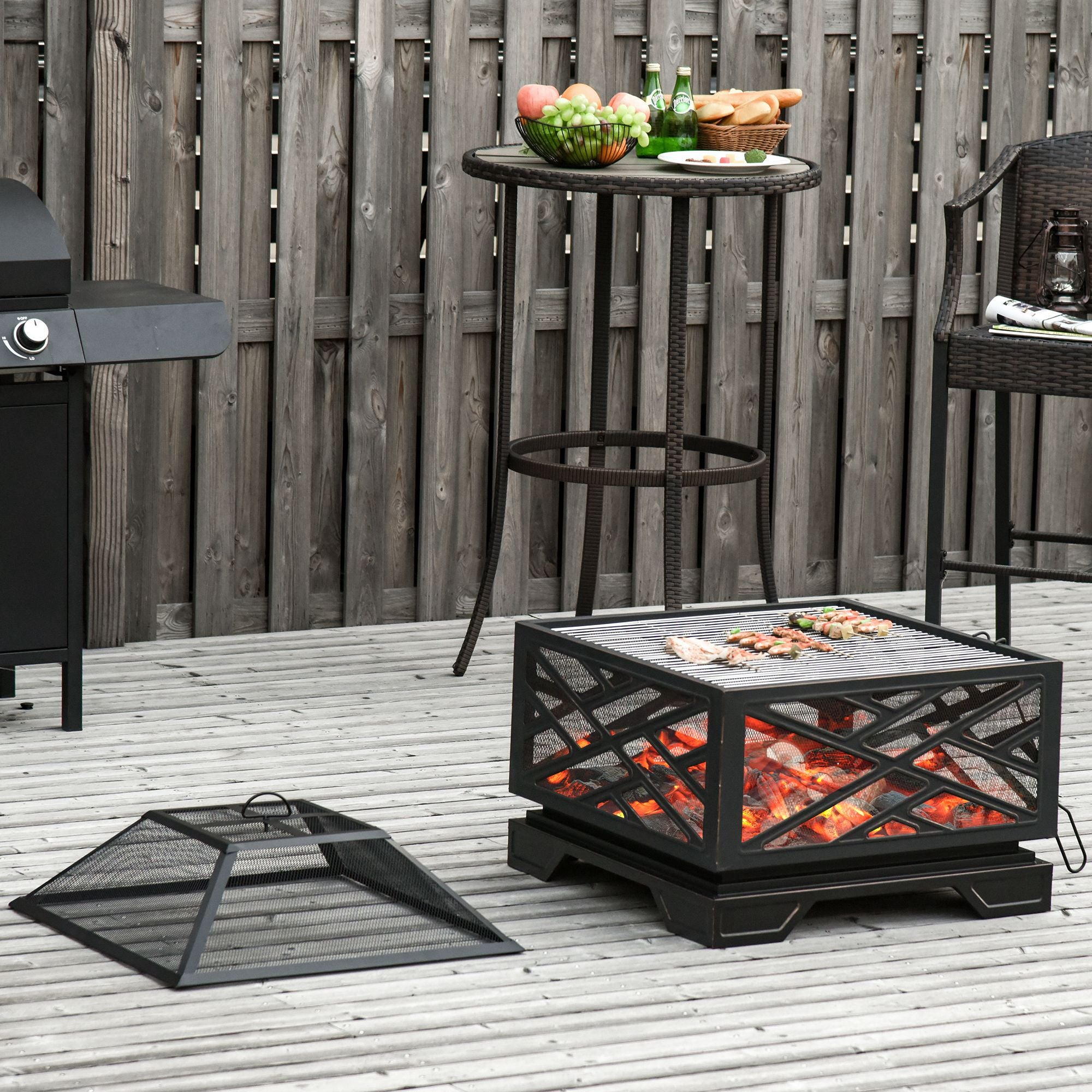 Brasero con protección contra chispas, cesta para brasero con rejilla y atizador, parrilla para barbacoa 2 en 1, metal, negro, 66 x 66 x 66 cm - 2