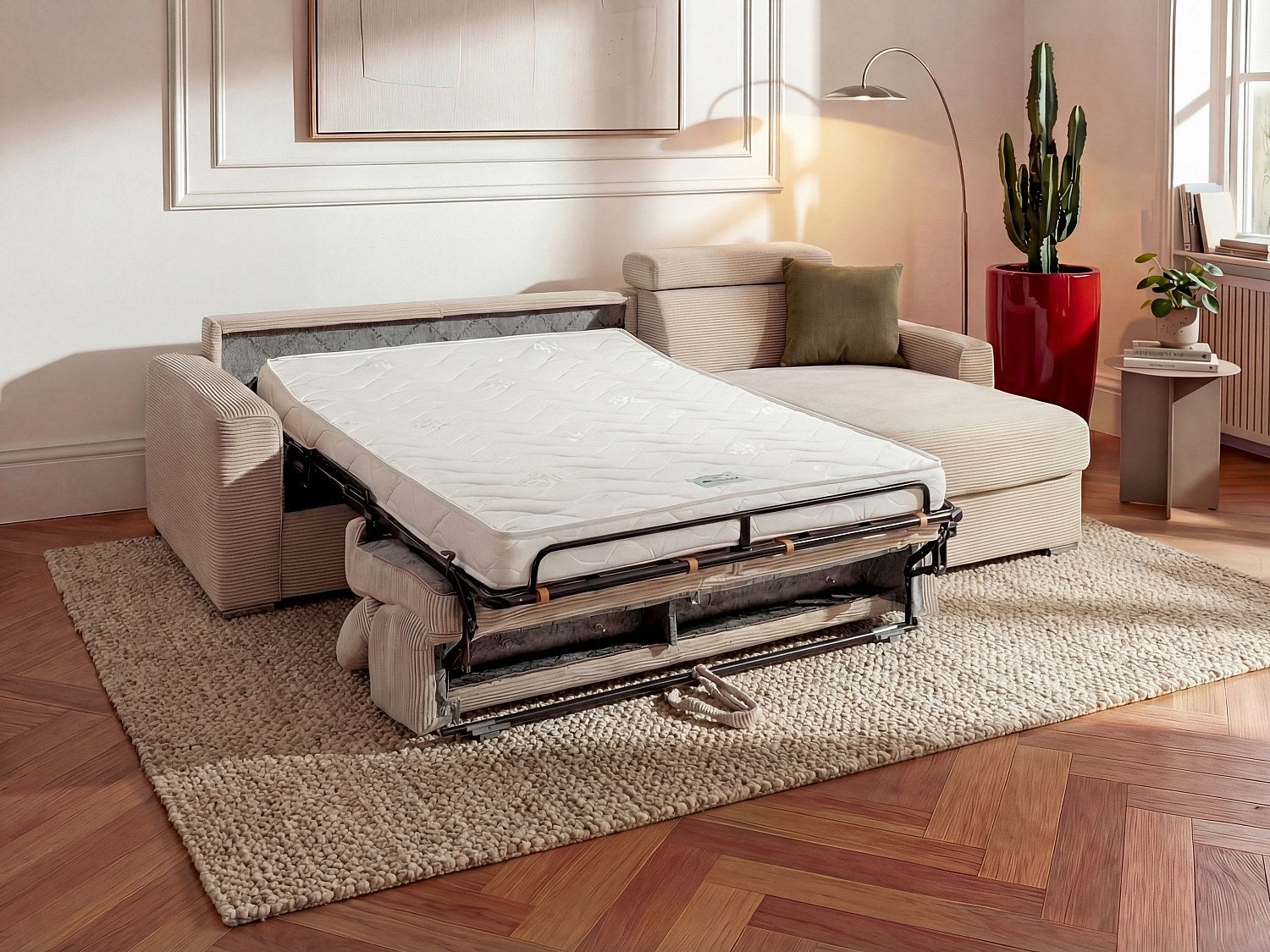 Kanapa narożna dwustronna rozkładana typu express z beżowego sztruksu - Miejsce do spania z szerokimi listewkami 160 cm - Materac 22 cm - VIZIR