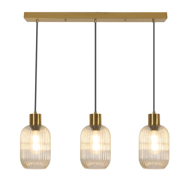 COMELY Suspension Linéaire 3 Lumières en Verre Transparent L72 cm, E27, Design Moderne Finition Laiton pour Cuisine, Îlot et Salle à Manger