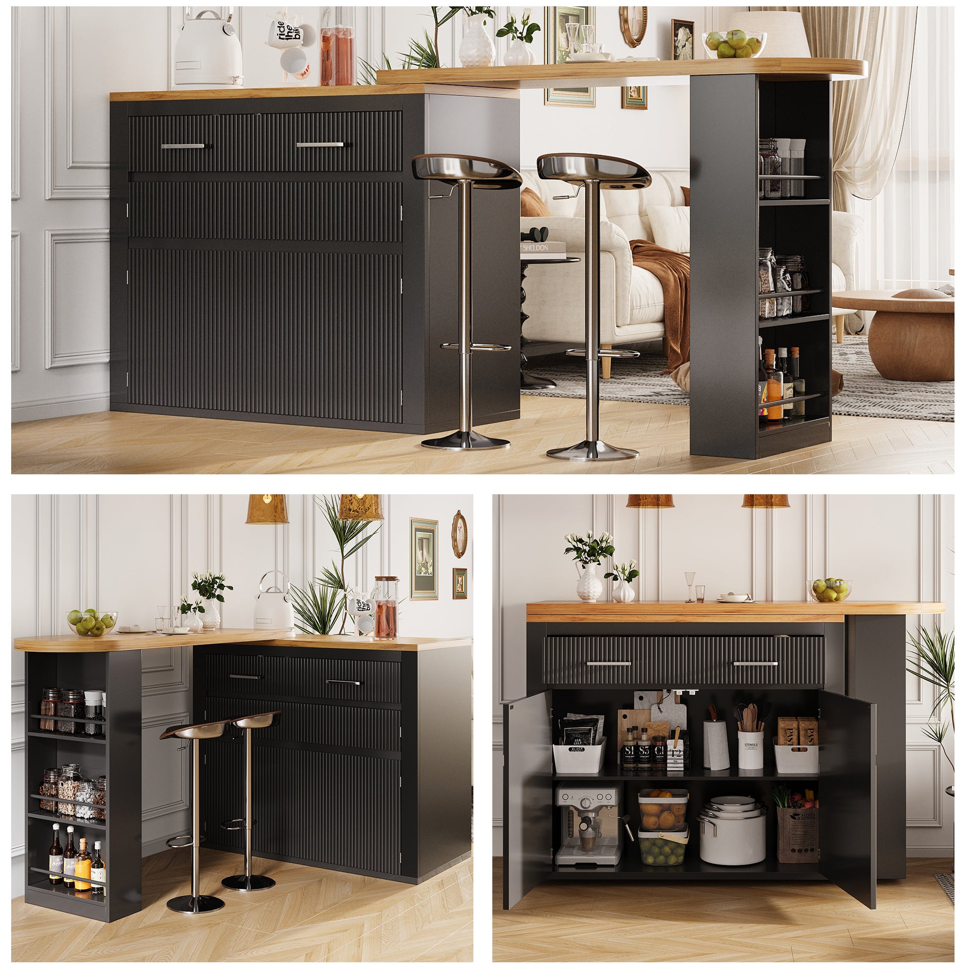 Rozkładany stół barowy z 2 szufladami, 2 drzwiami i 3 półkami – 137-215 x 39 x 102,3 cm – MDF – do kuchni, jadalni – czarny