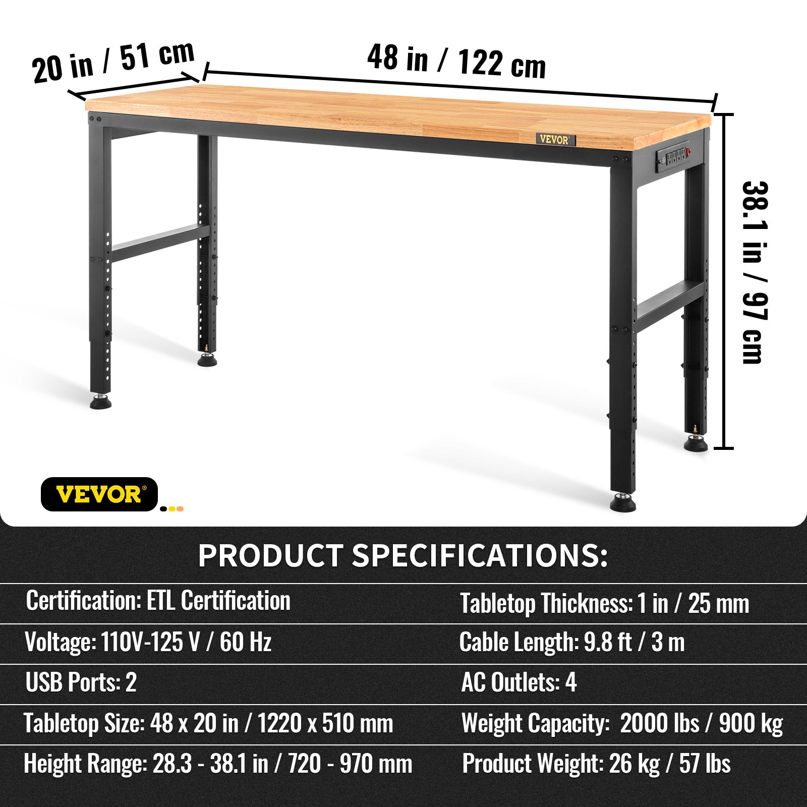 Plan de travail réglable,hauteur VEVOR 720-970 mm,capacité 900 kg,avec prise courant,plateau en bois dur,structure et rails pour pieds en métal - 7