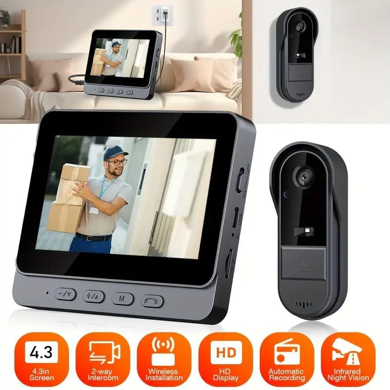 Sonnette Sans Fil Exterieur Etanche 1080P Sonnette Sans Fil Avec Camera avec écran IPS de 4.3 Visiophone Sans Fil IP65 étanche Caméra HD Interphone - 2