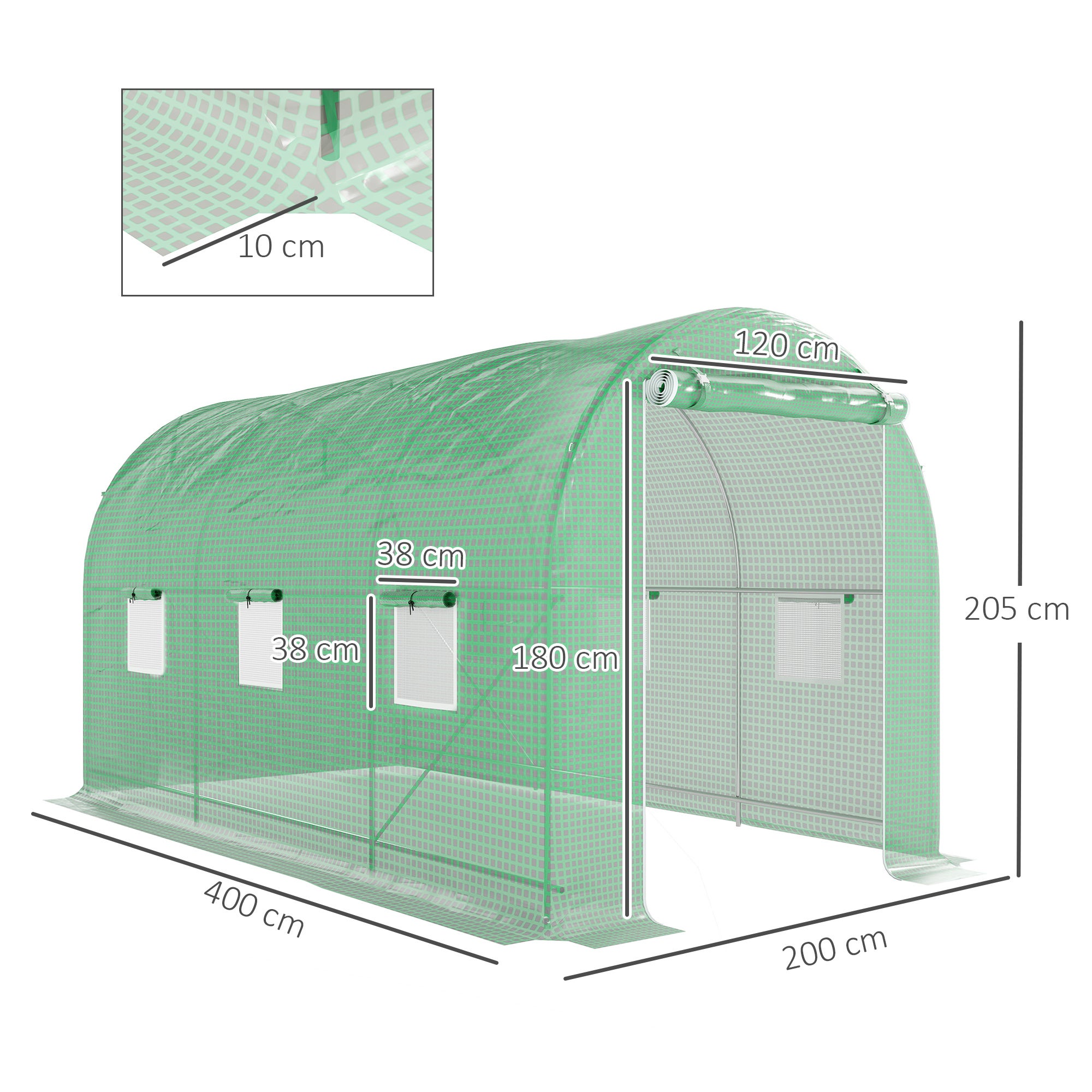 La serre de style tunnel occupe une superficie de 8 mètres carrés, mesurant 4 x 2 x 2,05 mètres, avec une structure tubulaire - 5