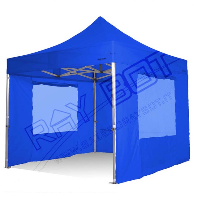 Gazebo Pieghevole 3x3 RAY BOT Blu 55mm Top Professionale Con Laterali e Finestre. Tessuto Impermeabile Da 500g/m in PVC. Gazebo Rapido