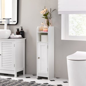 Meuble de Salle de Bain, 18 x 20 x 80 cm, avec Porte et Étagères Réglables, Blanc