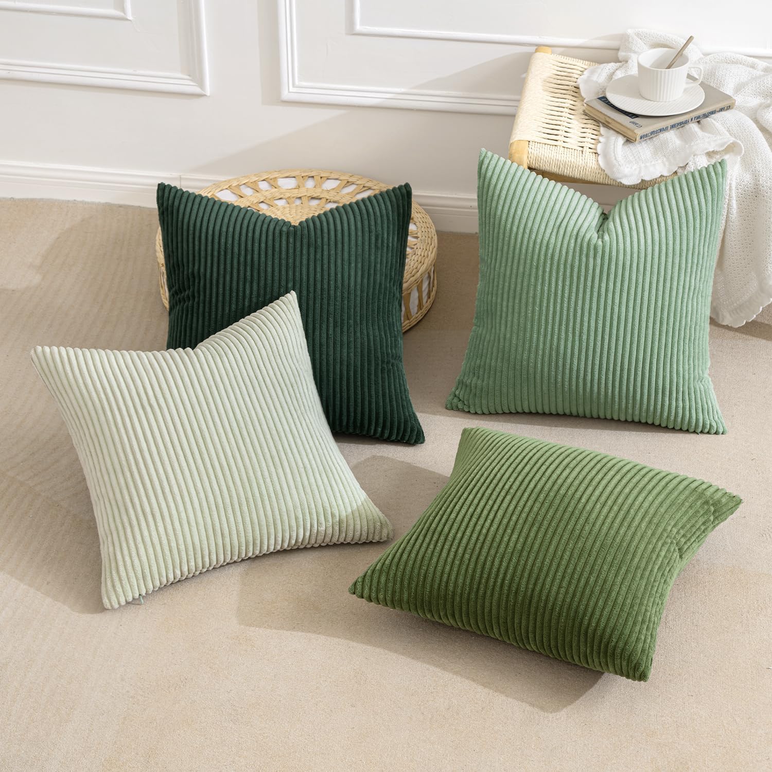 Housses de Coussin en Velours Côtelé Carrées Décoratives Douces pour Le Douce en Velours Rayé Lot de 4 - 45x45cm Série Forest Green - 6