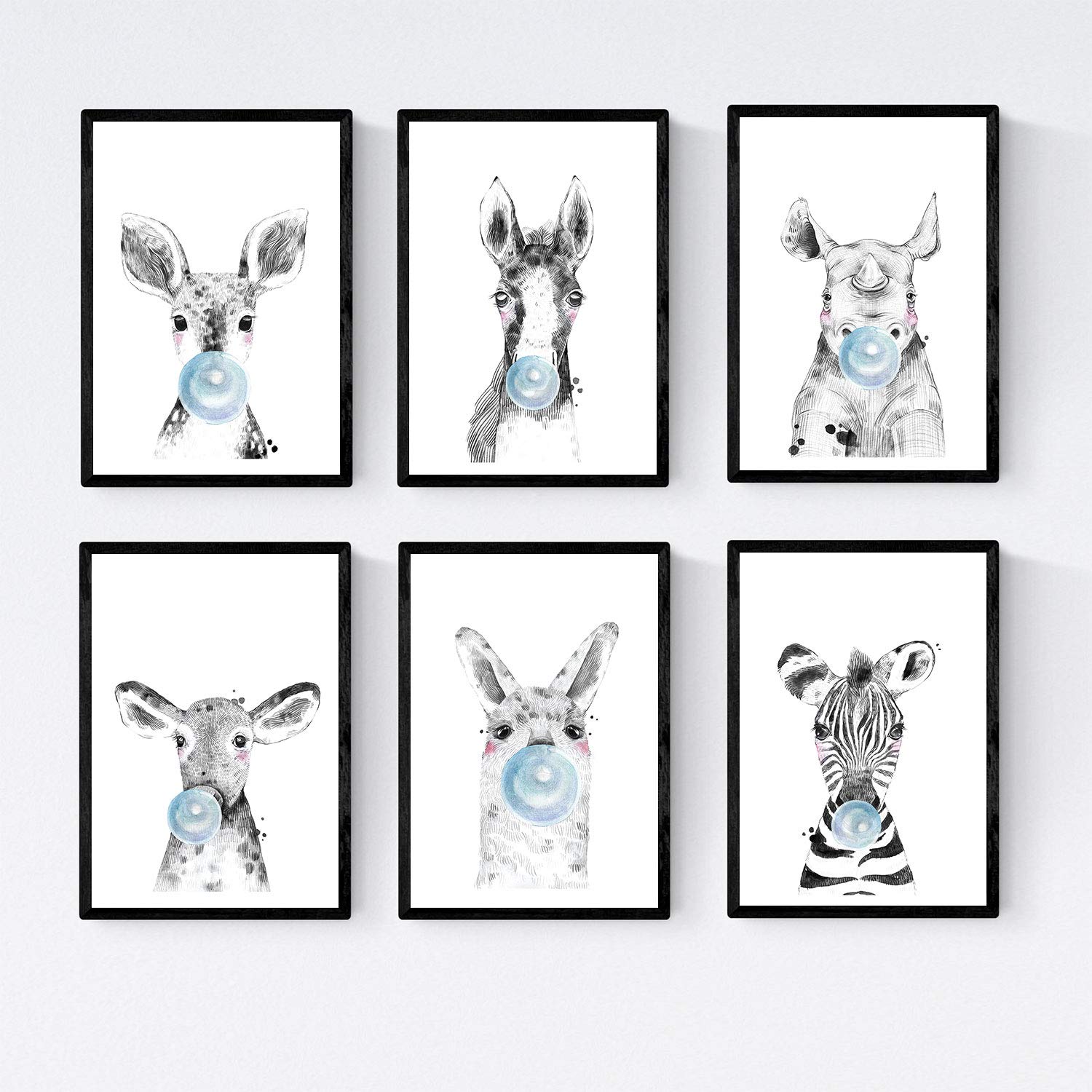 Set 6 posters animales bebes con chicle. cebra rino ciervo vaca caballo y llama. sin marco - a4