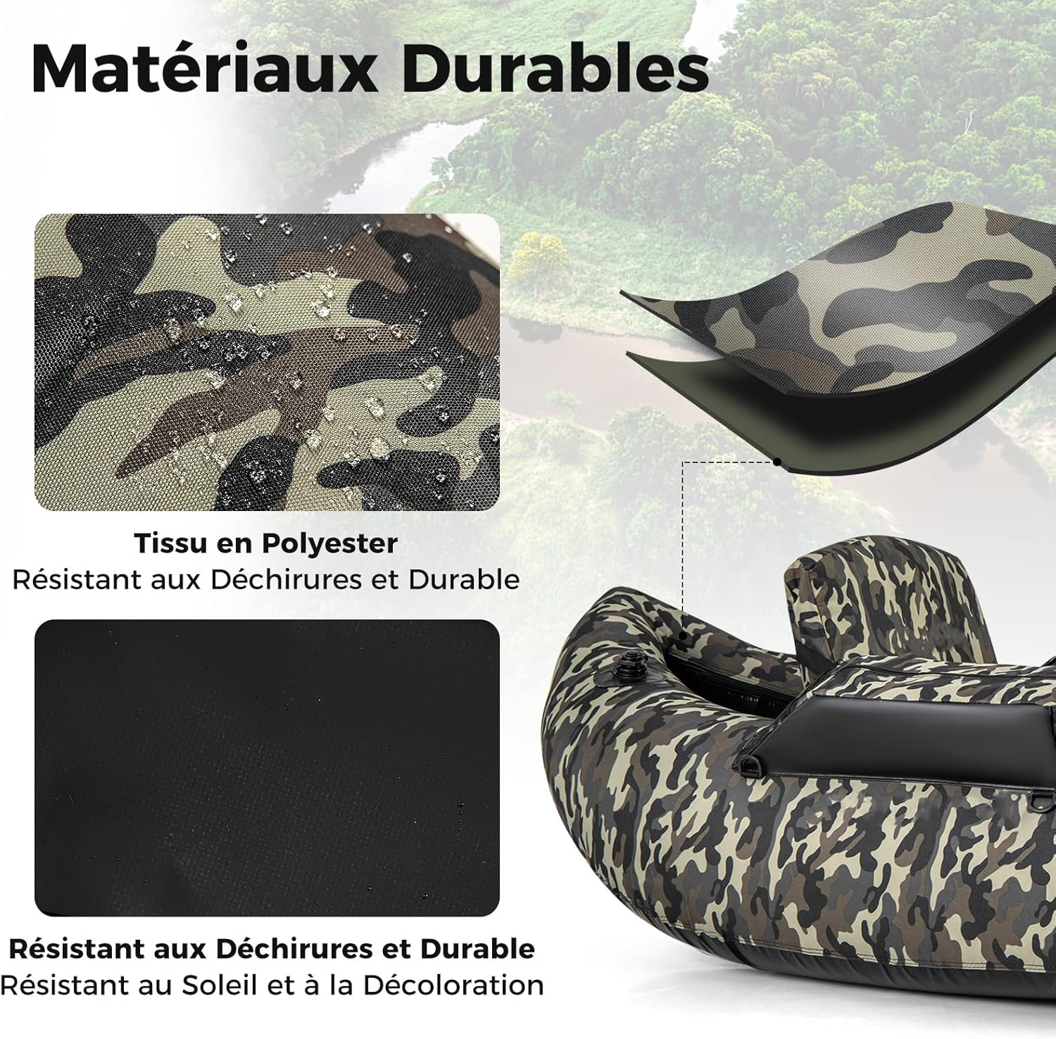 Barco de Pesca Inflável com Encosto e Pagaia, Barco Inflável com Régua para Peixes, Suporte para Cana, Bolsos de Armazenamento, Remos e Bomba. - 3