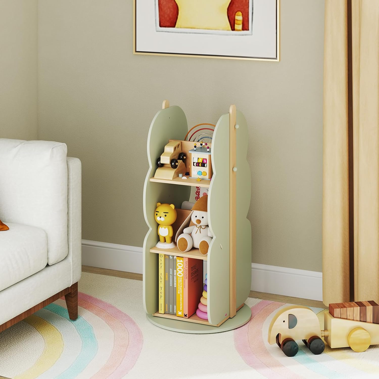 Libreria angolare in legno girevole a 360° per piccoli spazi, camera da