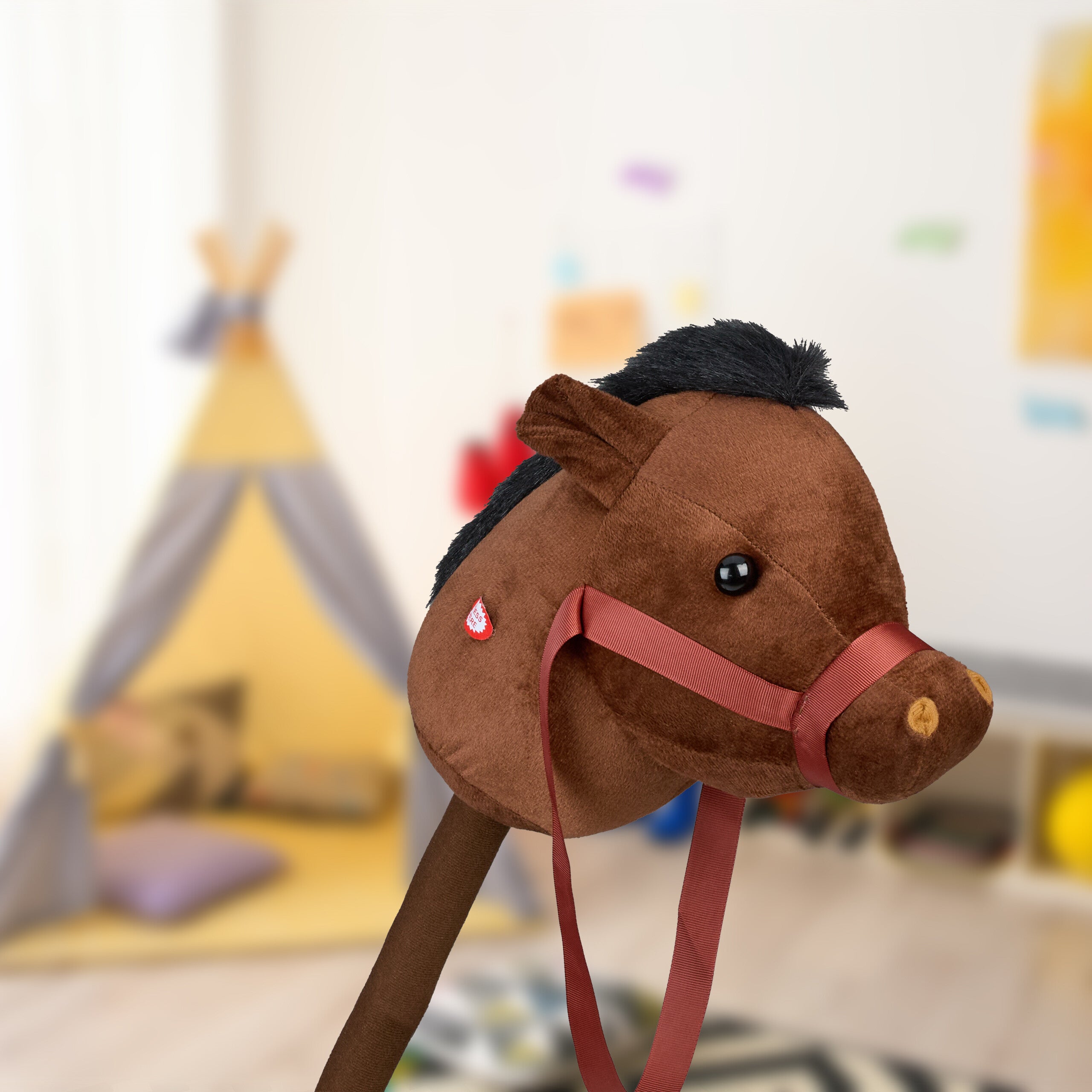 Relaxdays Cheval à Bâton 68 Cm – Tête En Peluche, Effet Sonore (Galop, Hennissement) – Brun Foncé