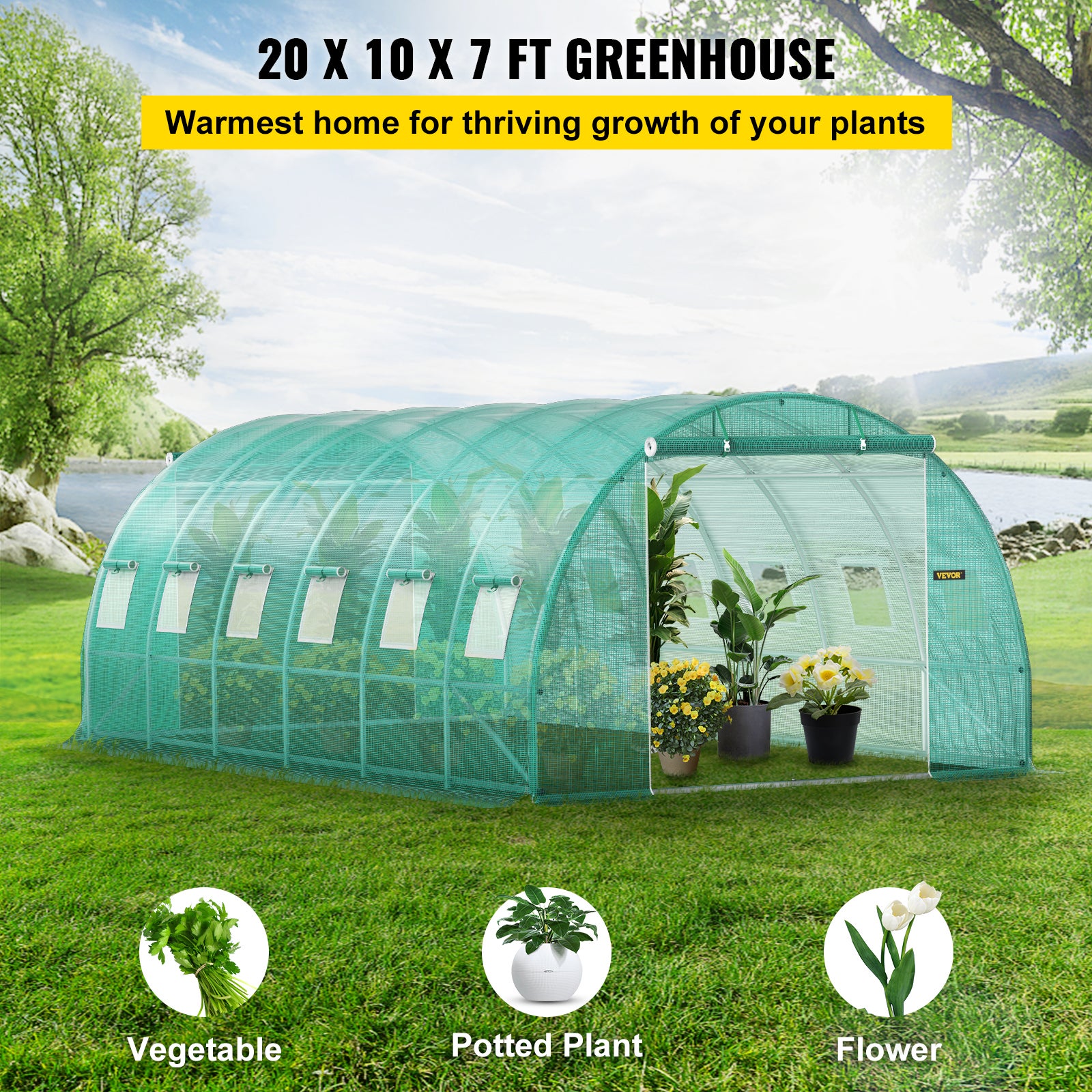 Serre Tunnel Jardin VEVOR 6,1x3x2,1 m Tente Abri Plantes Cadre en Acier Galvanise Couverture Etanche PE 3 Poutres Superieures 4 Poteaux Diagonaux 2 Po - 2