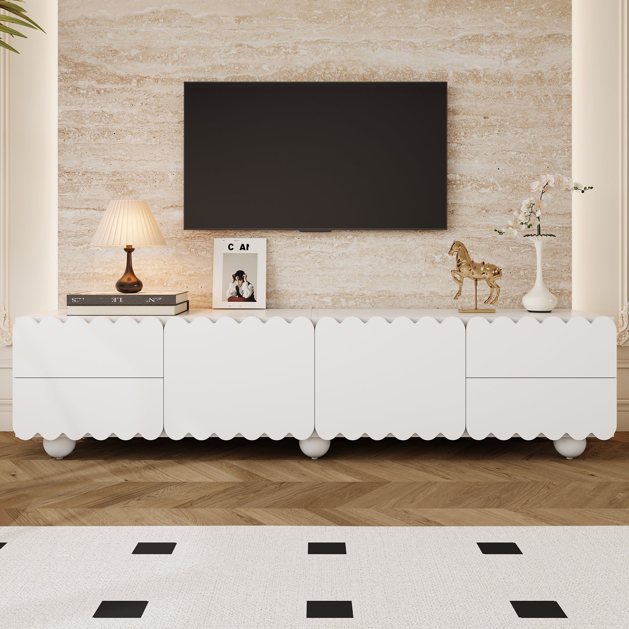 Szafa pod telewizor Nowoczesna szafka pod telewizor 175 x 38 x 37 cm - 2 drzwi i 4 szuflady - MDF + płyta wiórowa - biała