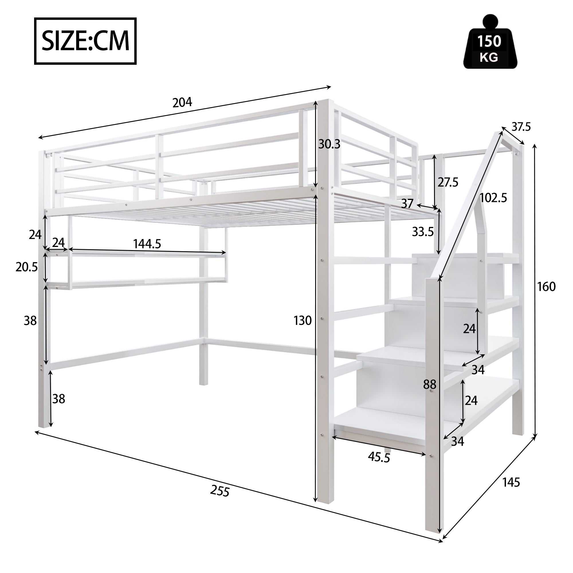 Lit mezzanine 140 x 200 cm avec étagères de rangement et échelle - Métal - Blanc (sans matelas) - 7