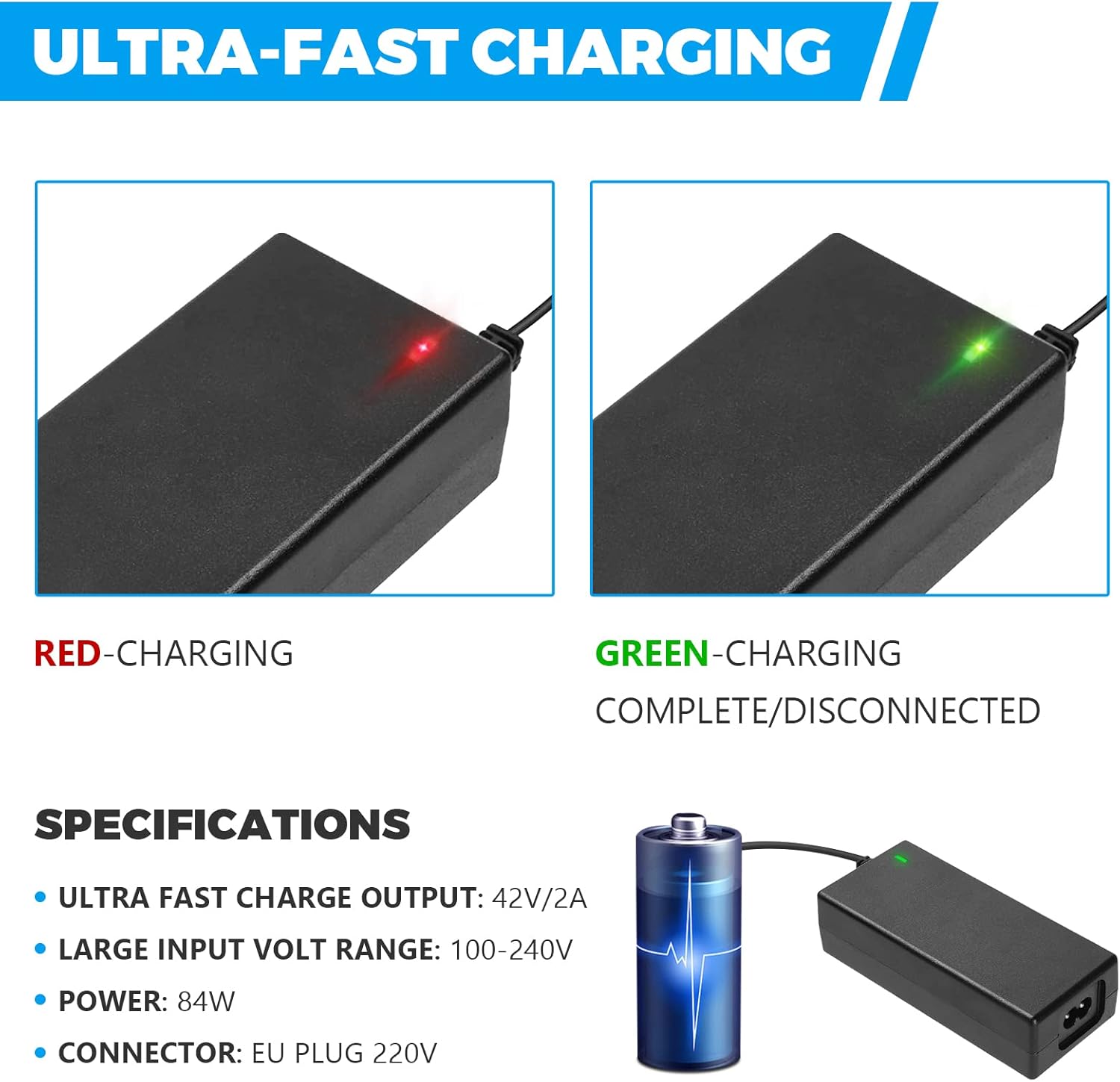 Caricabatterie per bici elettriche - Caricabatterie universale per scooter elettrici - 36 V/42 V 2 A - con 6 connettori per caricabatterie - 6