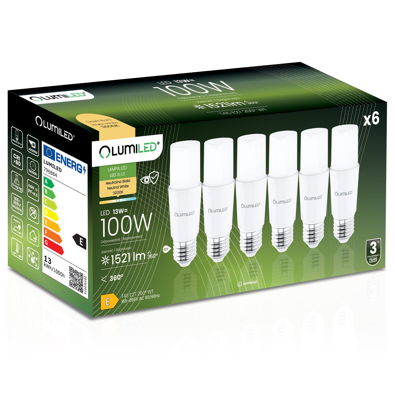 Żarówka LED Lumiled E27 T45 13W 1521lm 3000K Ciepła biel 200st 6 szt.