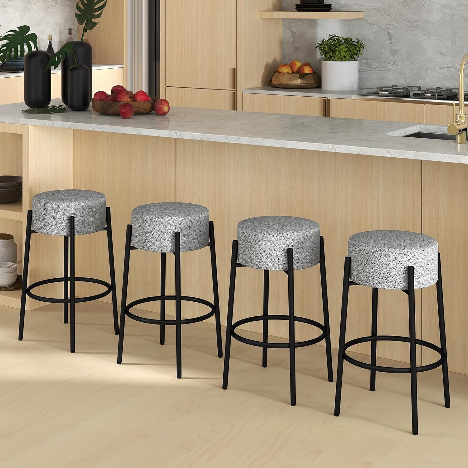 Banco de bar, cadeira de bar, assento redondo estofado, tecido de linho, apoio para os pés, banco para cozinha, sala de jantar, café, cinza - 8