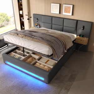 Lit Coffre,lit Double,lit Adulte 180x200 Avec Tiroirs , Veilleuse LED, Ports USB-C, Et Cadre Métallique Robuste,Gris - Maison