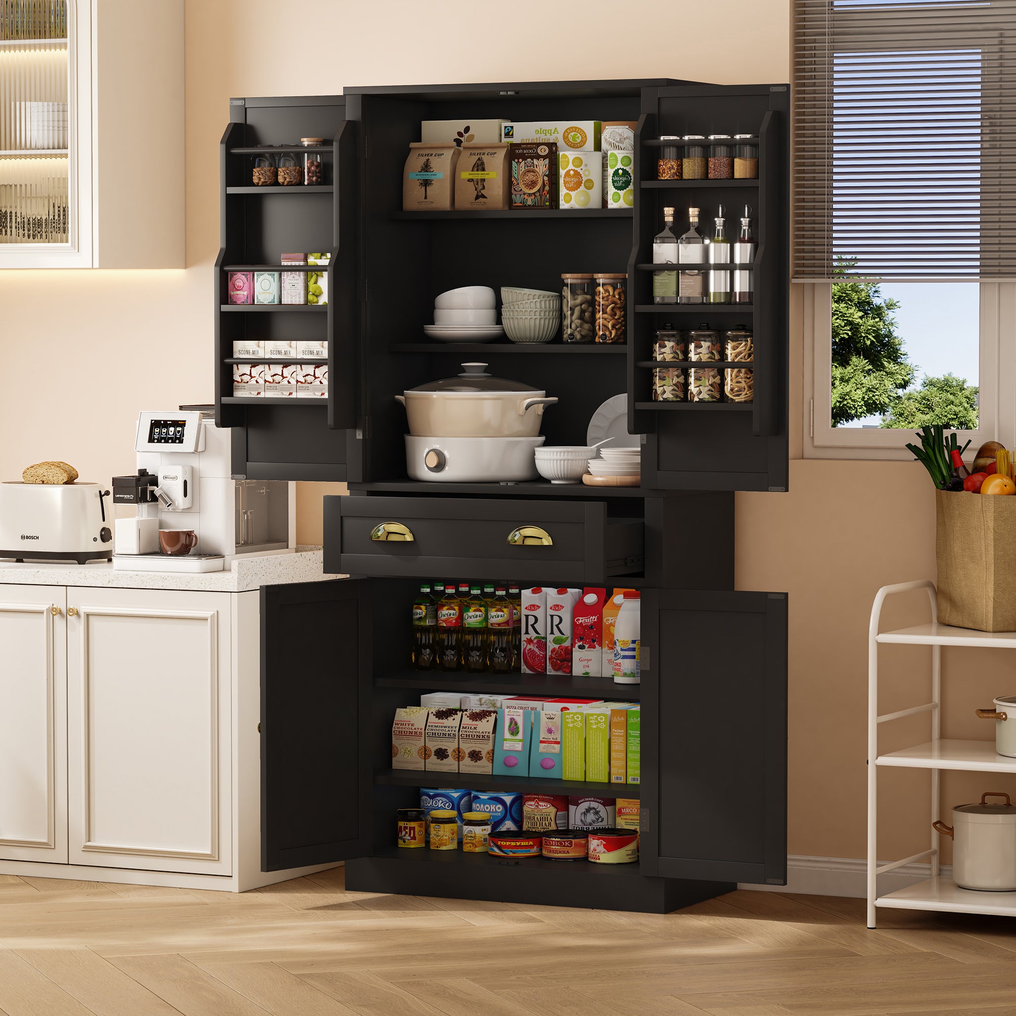 Moimhear Credenza, armadio da cucina, armadietto portaoggetti, 208 x 39,5 x 80 cm, cassettiera con 4 ante, 2 cassetti, buffet (bianco + colore legno
