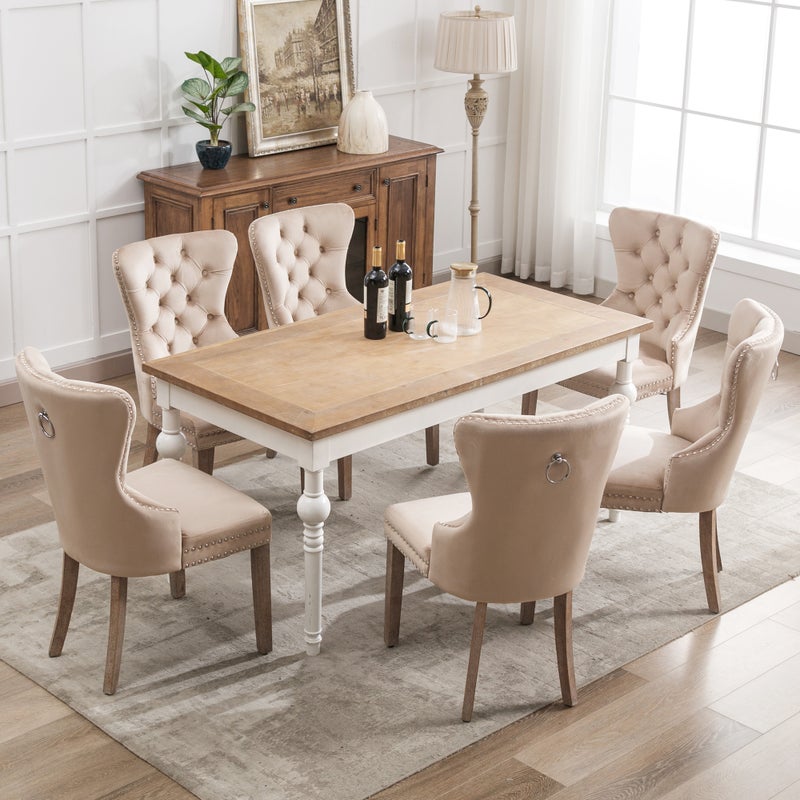 Zestaw 6 krzeseł do jadalni - krzesła do salonu z oparciem - siedzisko welurowe, nogi z litego drewna - beżowe