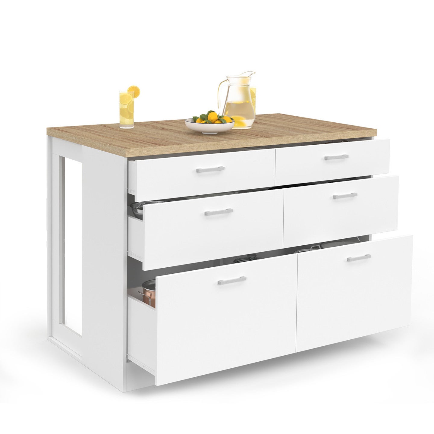 Ilot central mange-debout ORSO 120 cm casserolier 6 tiroirs blanc avec plan de travail façon hêtre - 2