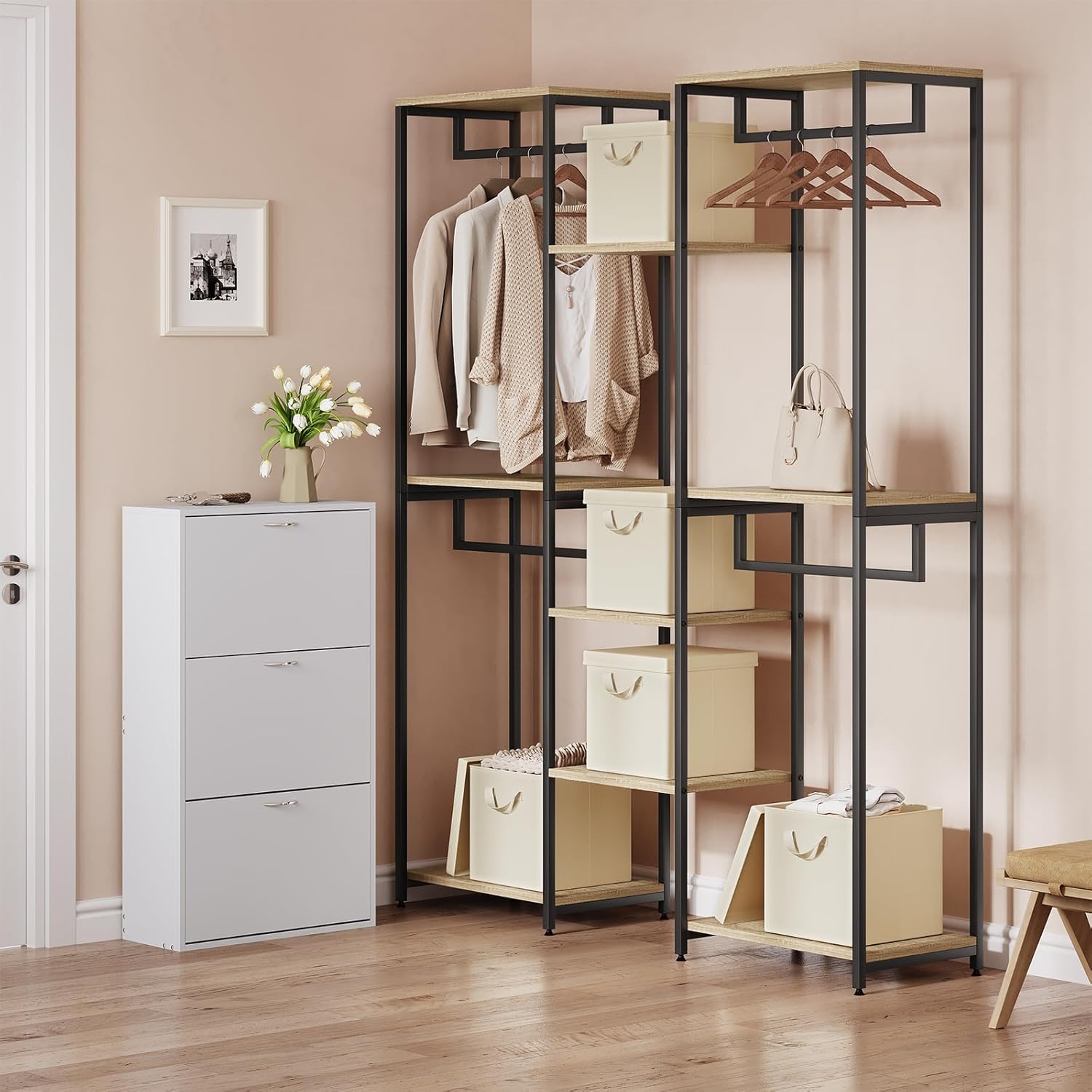 Lot de 5 Boîtes Rangement WOLTU, 30x30x29 cm, Cubes de Rangement Tissu avec Couvercle, Poignée et Cadre en Métal, Pliable, Crème - 2