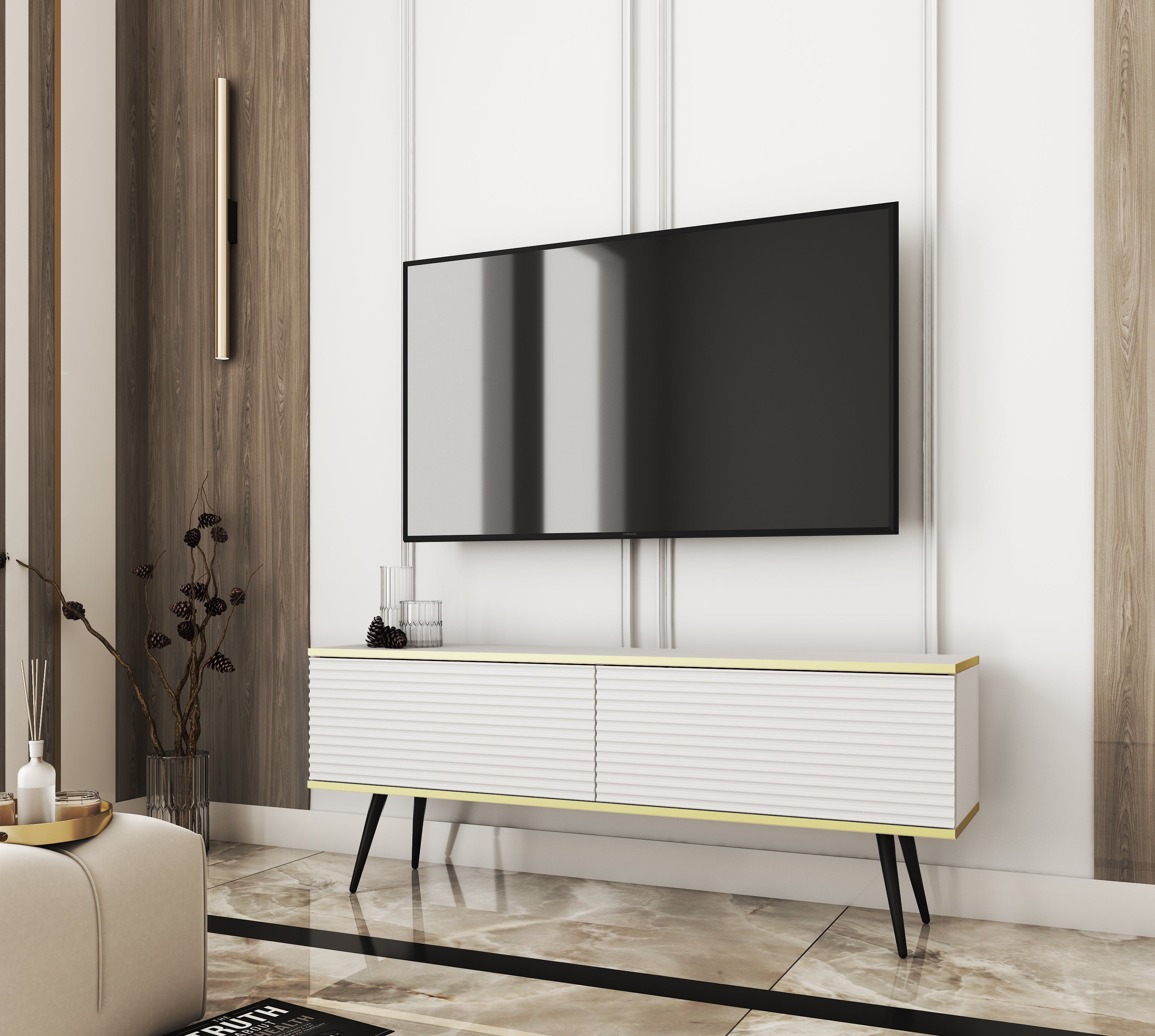 Stolik pod TV z białymi listwami, czarne nogi, 135 x 30 x 52 cm, otwierany na naciśnięcie - 2