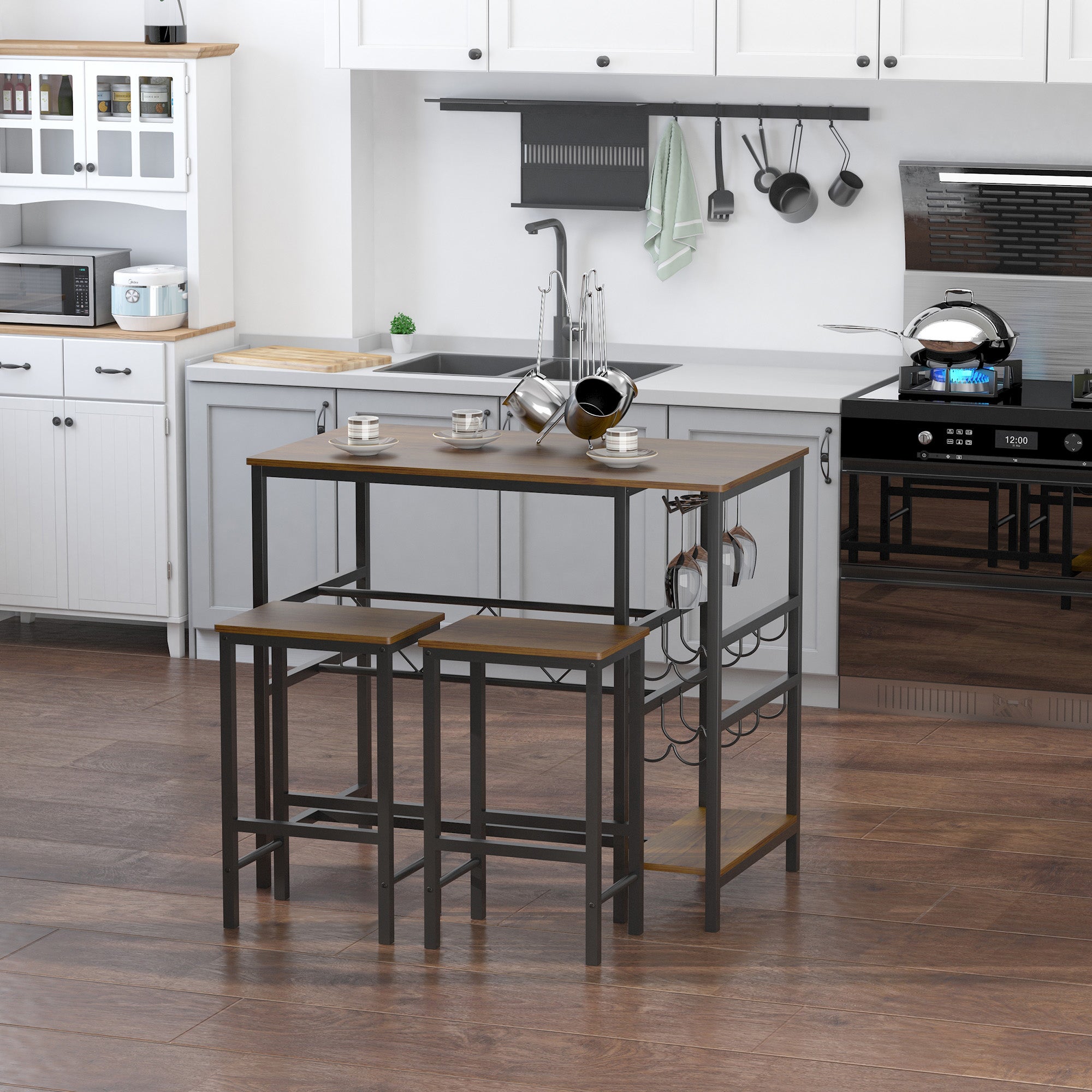 HOMCOM Set Tavolo 2 Sgabelli Alti Da Bar In Legno Isola Cucina Con Portabottiglie E Portabicchieri In Stile Industriale - 2