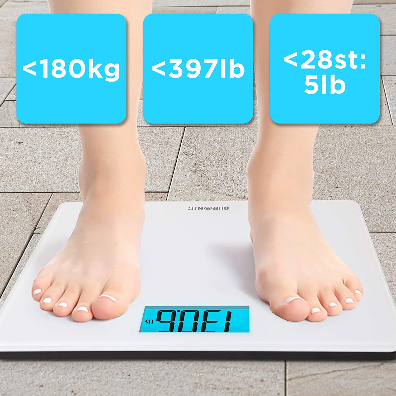 Duronic BS403 Báscula de baño digital - Hasta 180kg – Pantalla LCD azul fácil de leer- Diseño vidrio blanco - Enciende al subirse - Peso en kg, lb, st - 3