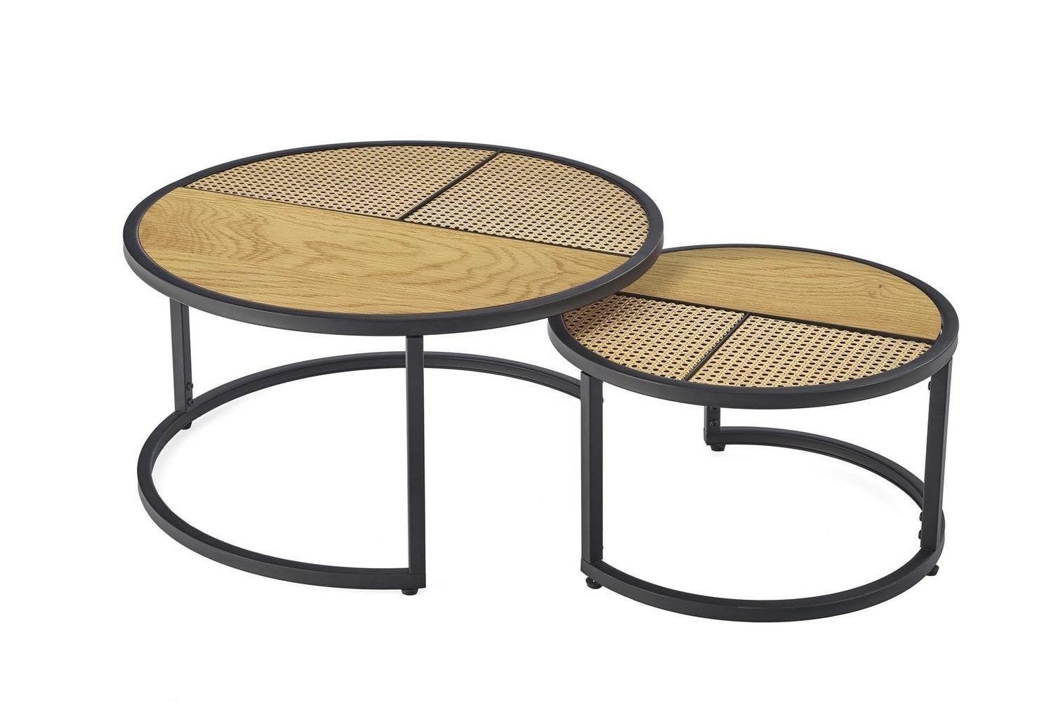 Zestaw 2 stolików kawowych okrągłych Namiga INTESI boho rattan dąb złoty czarny do salonu 2w1 1 zestaw