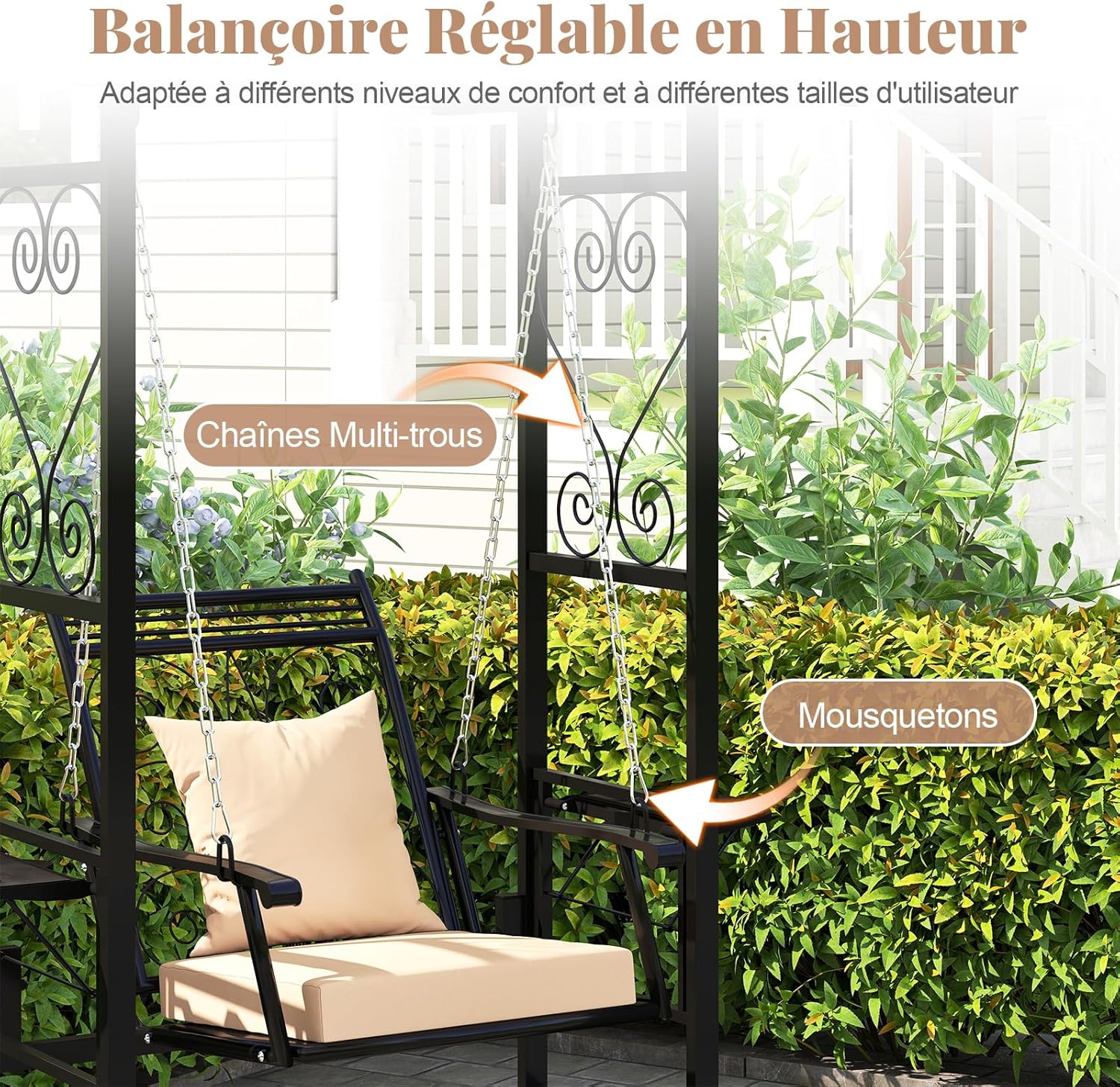 Balancelle d’Extérieur avec Support et 2 Treillis pour Adultes, Chaise de Balcon avec Coussins Amovibles et Tables Latérales pour Jardin, Balcon - 4