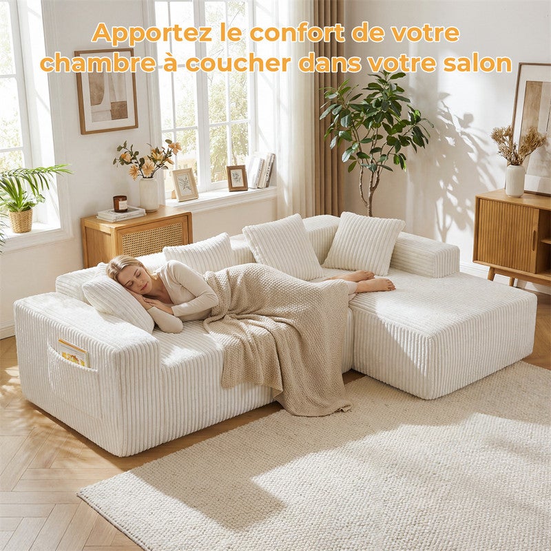 DRIPEX Canapé d'angle droit en velours côtelé avec 4 coussins,Canapé Modulable 4 places avec méridienne en L,261×156×80cm,Beige - 8