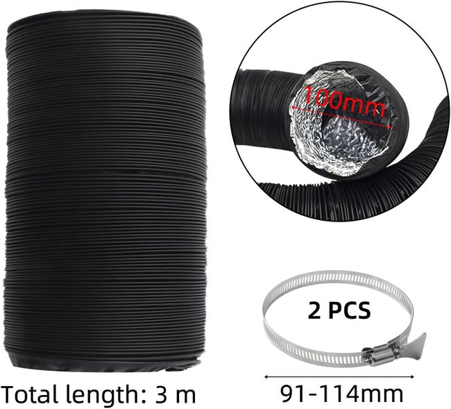 ComPDCVD 100mm Nero Tubo di Scarico 3 m Condotti Tubo di Ventilazione Flessibile in Alluminio PVC con 2 Fascette Stringitubo in Acciaio per Aria Condizionata, Asciugatrice, Cappa Aspirante ComPDCVD 100mm Nero Tubo di Scarico 3 m Condotti Tubo di Ventilazione Flessibile in Alluminio PVC con 2 Fascette Stringitubo in Acciaio per Aria Condizionata, Asciugatrice, Cappa Aspirante