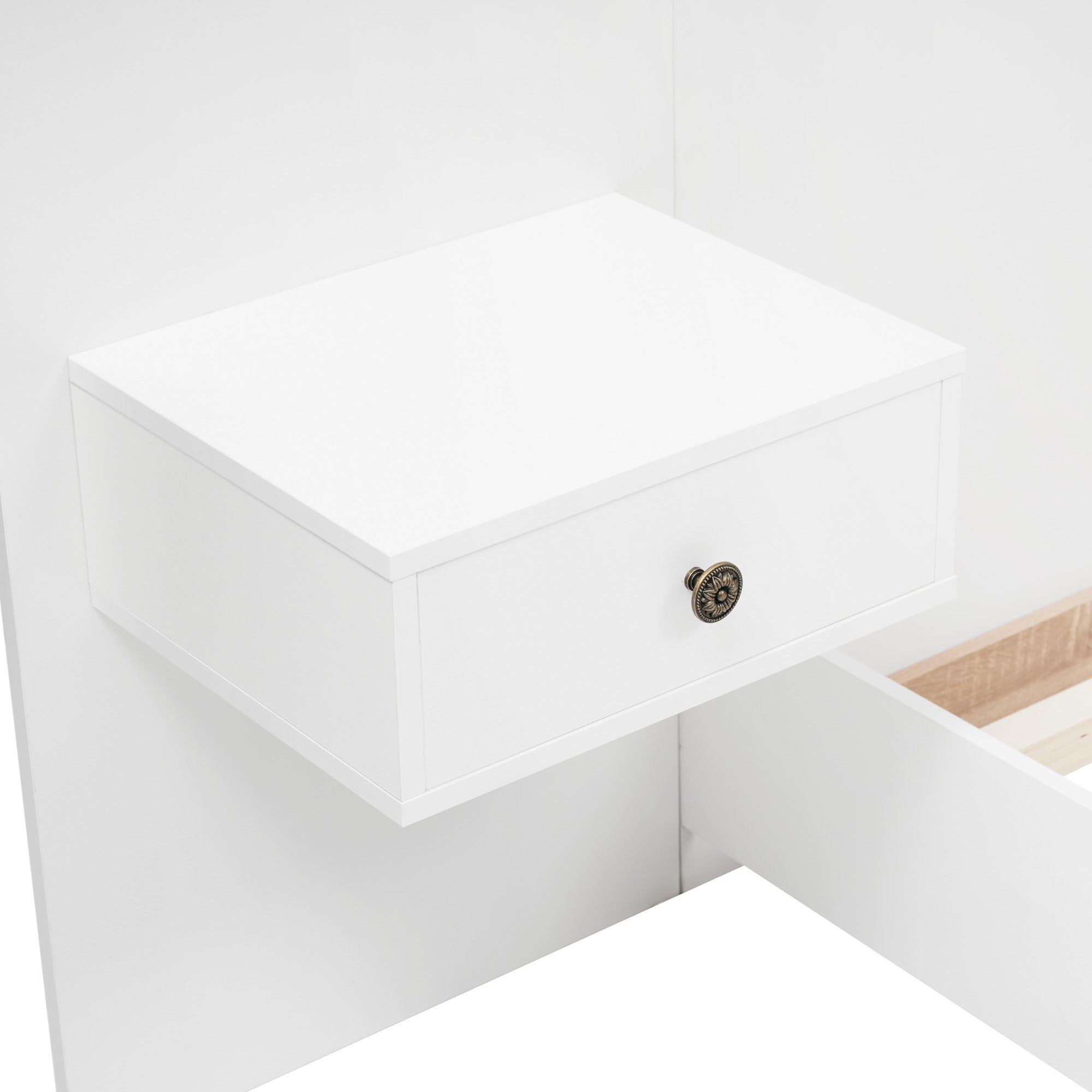 Łóżko dwuosobowe 180x200 cm z drewna z zawieszanymi szafkami nocnymi + LED i portami USB + stelaż na listwach - Białe - 8