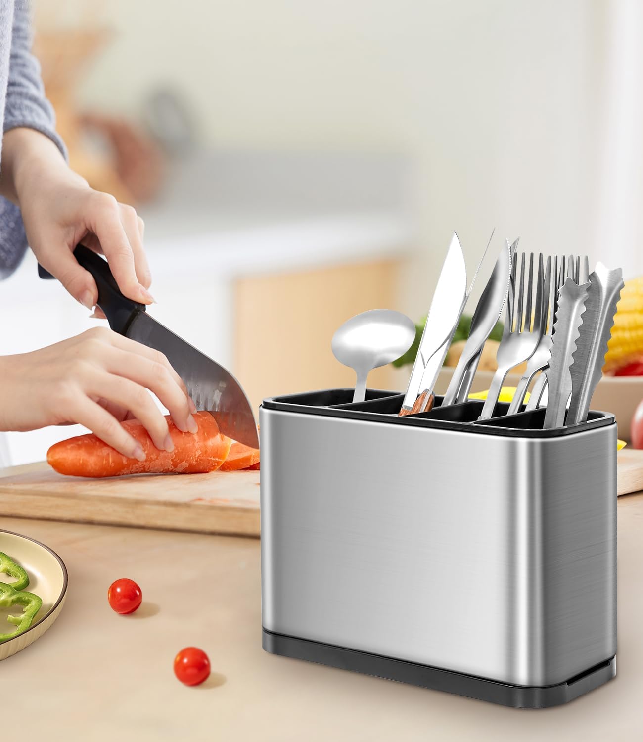 Range-couverts 4 compartiments, support de rangement pour cuisine, support de rangement pour couverts, plateau à couverts antidérapant en acier - 2