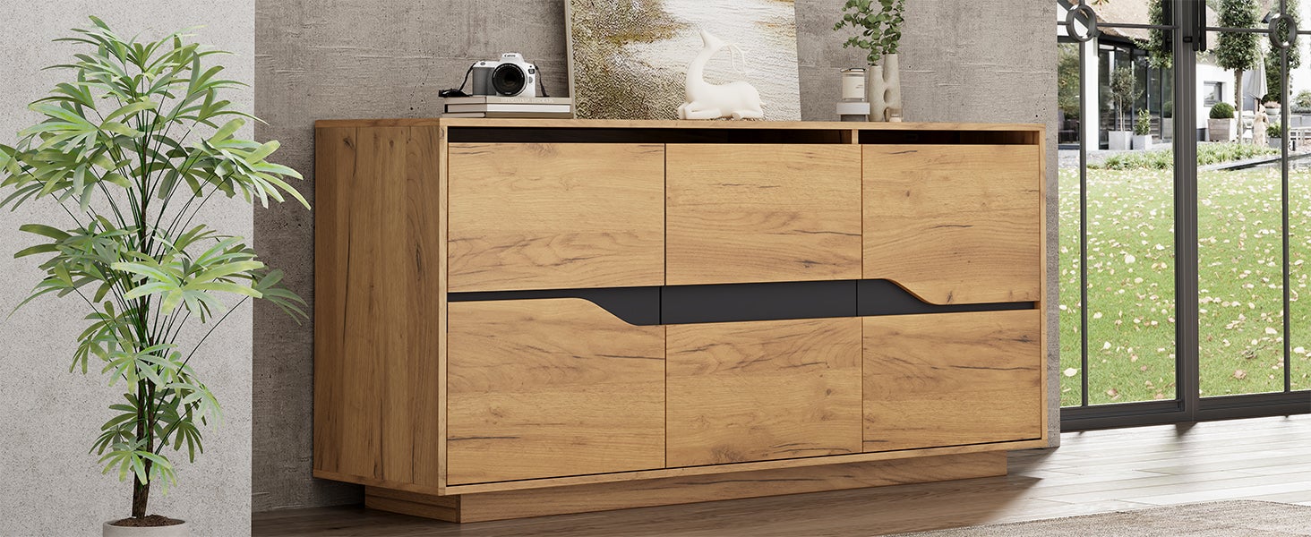 Buffet avec 3 portes, commode - 140 x 40 x 76 cm - Etagères réglables - Panneau de particules - Chêne - 8