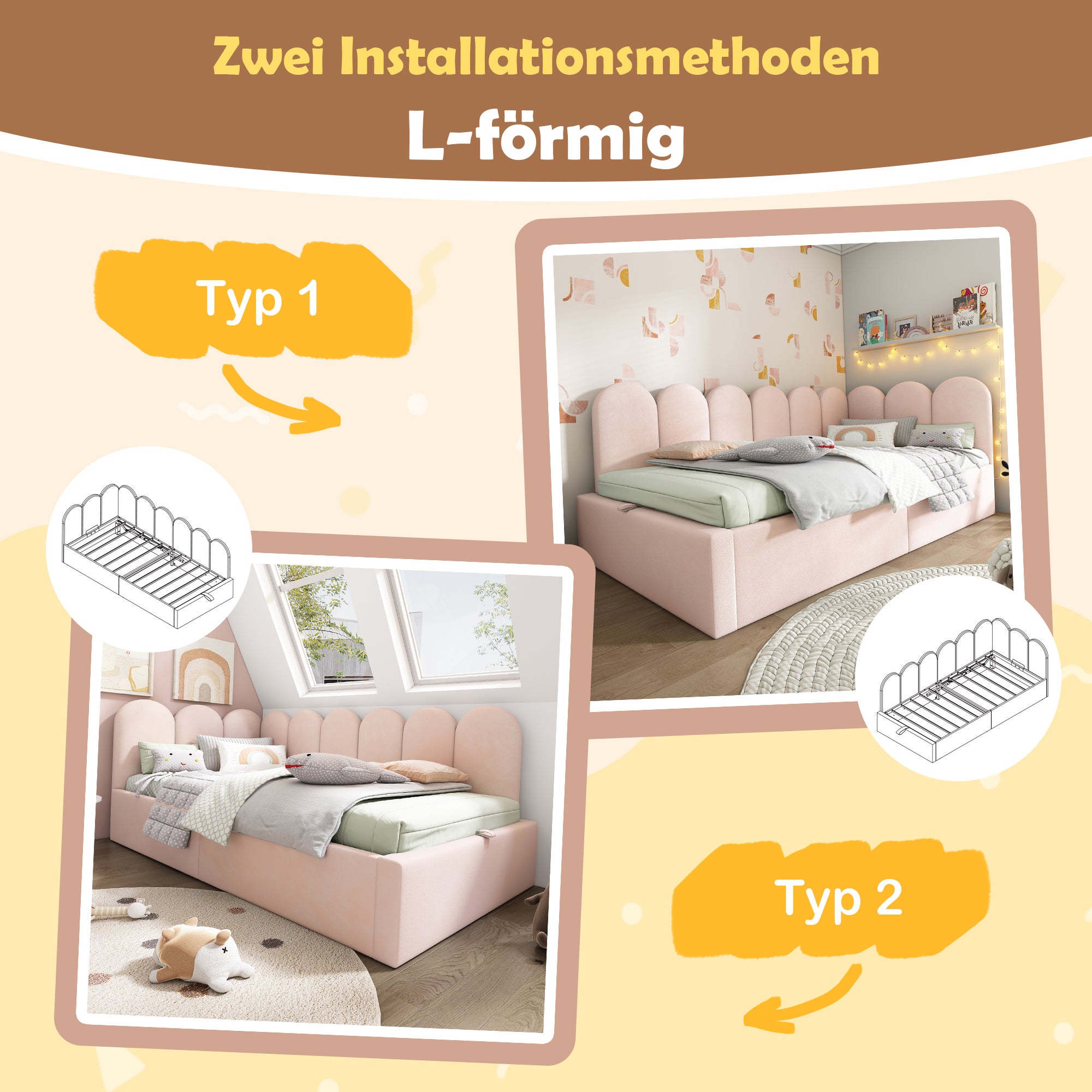 Łóżko ze schowkiem 90 x 190 cm z wezgłowiem i oparciem, sofa rozkładana - Aksamit - Stelaż metalowy - Różowy (bez materaca) - 6
