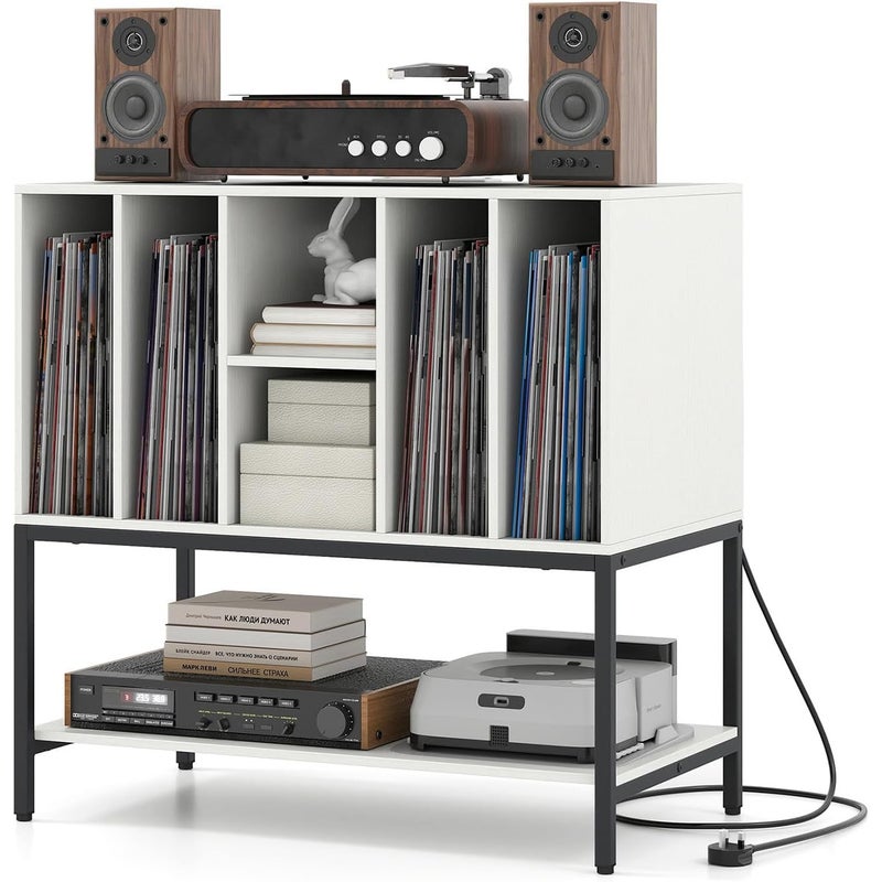 Mebel na Gramofon 80 x 45 x 79,5 cm, Stolik pod Gramofon z Półkami i Stacją Ładującą, Metalowa Rama, Organizer do Przechowywania (Biały)
